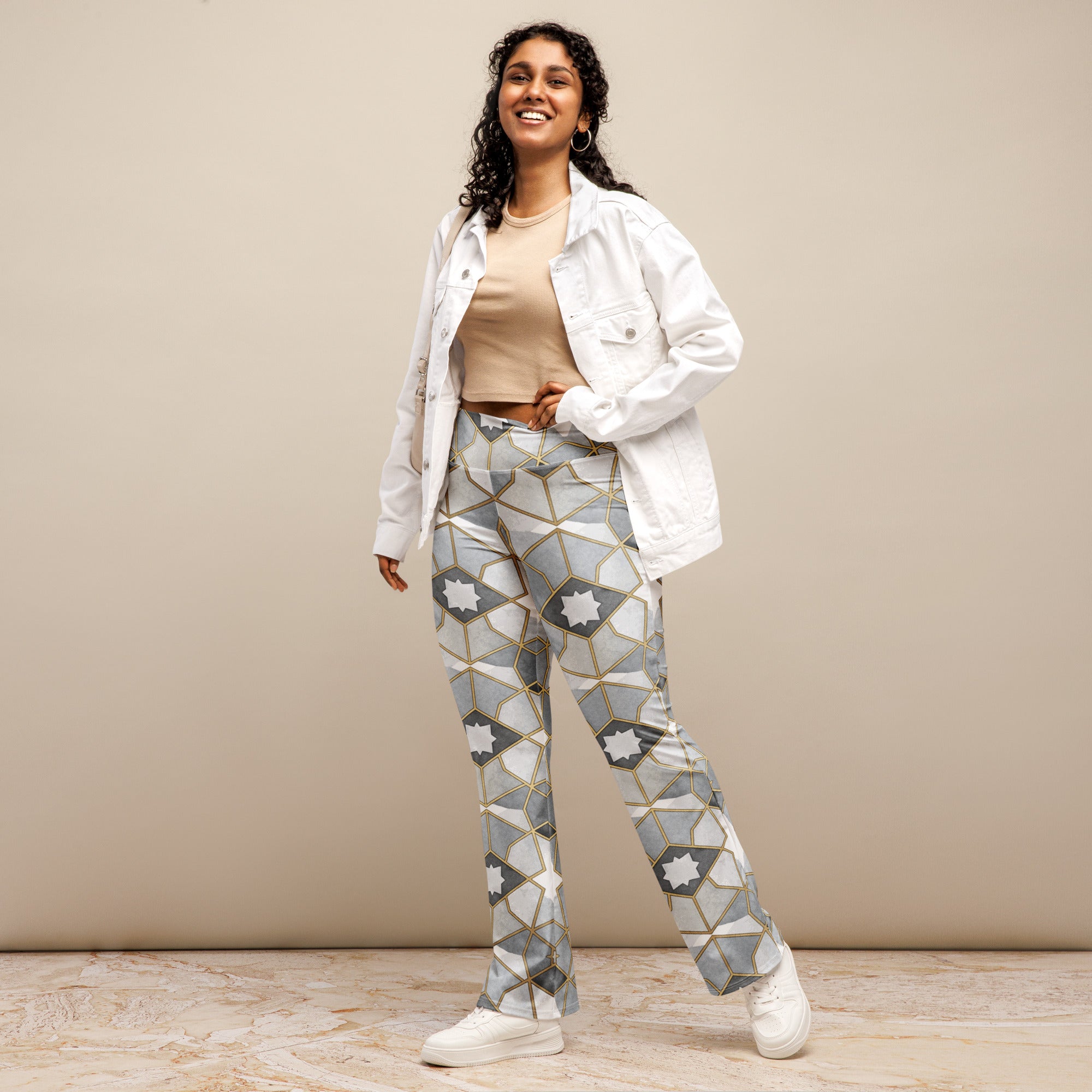 Arabic Watercolour Monochrome Luxe Flare Leggings | GearBunch