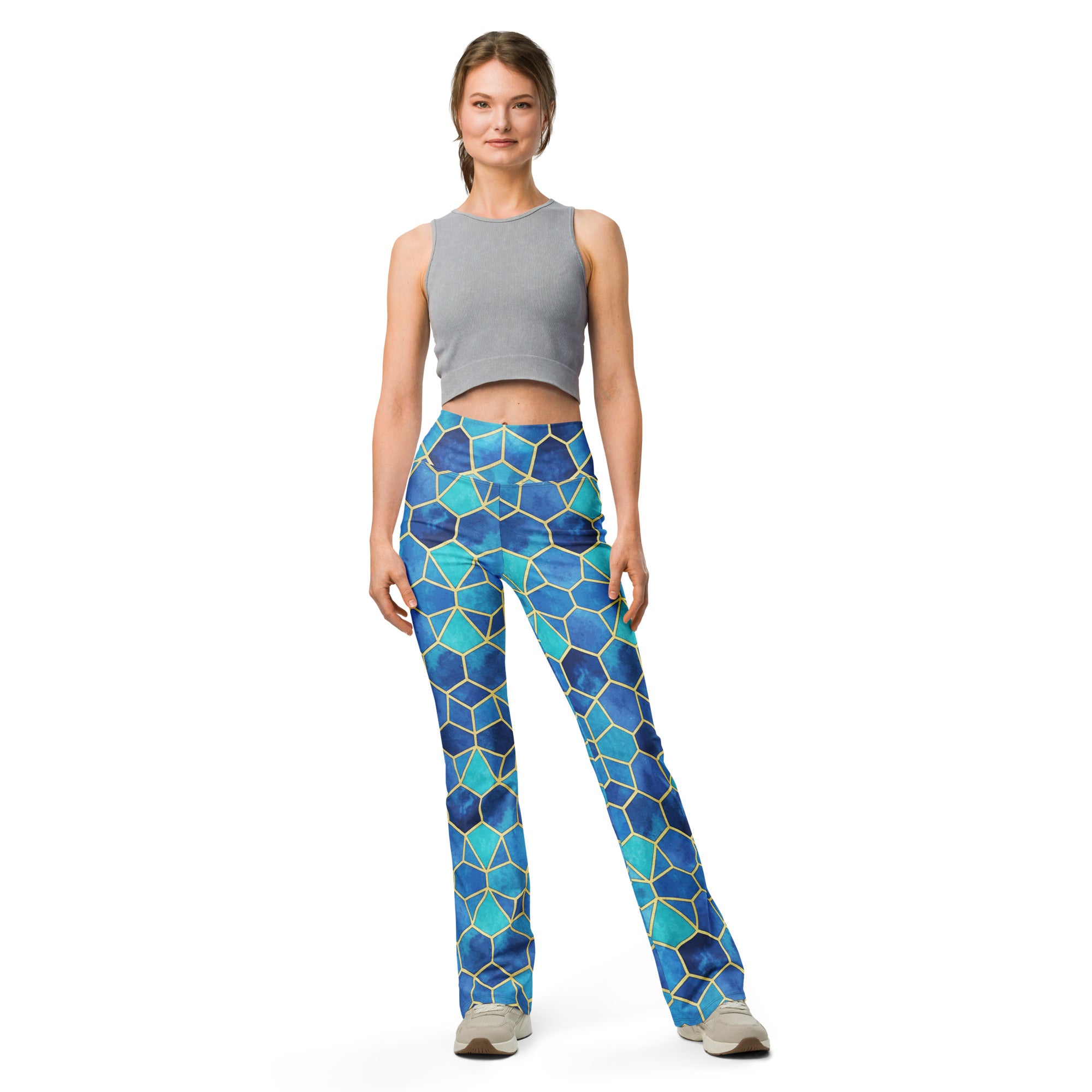 Arabic Watercolour Ocean Blues Flare Leggings | GearBunch