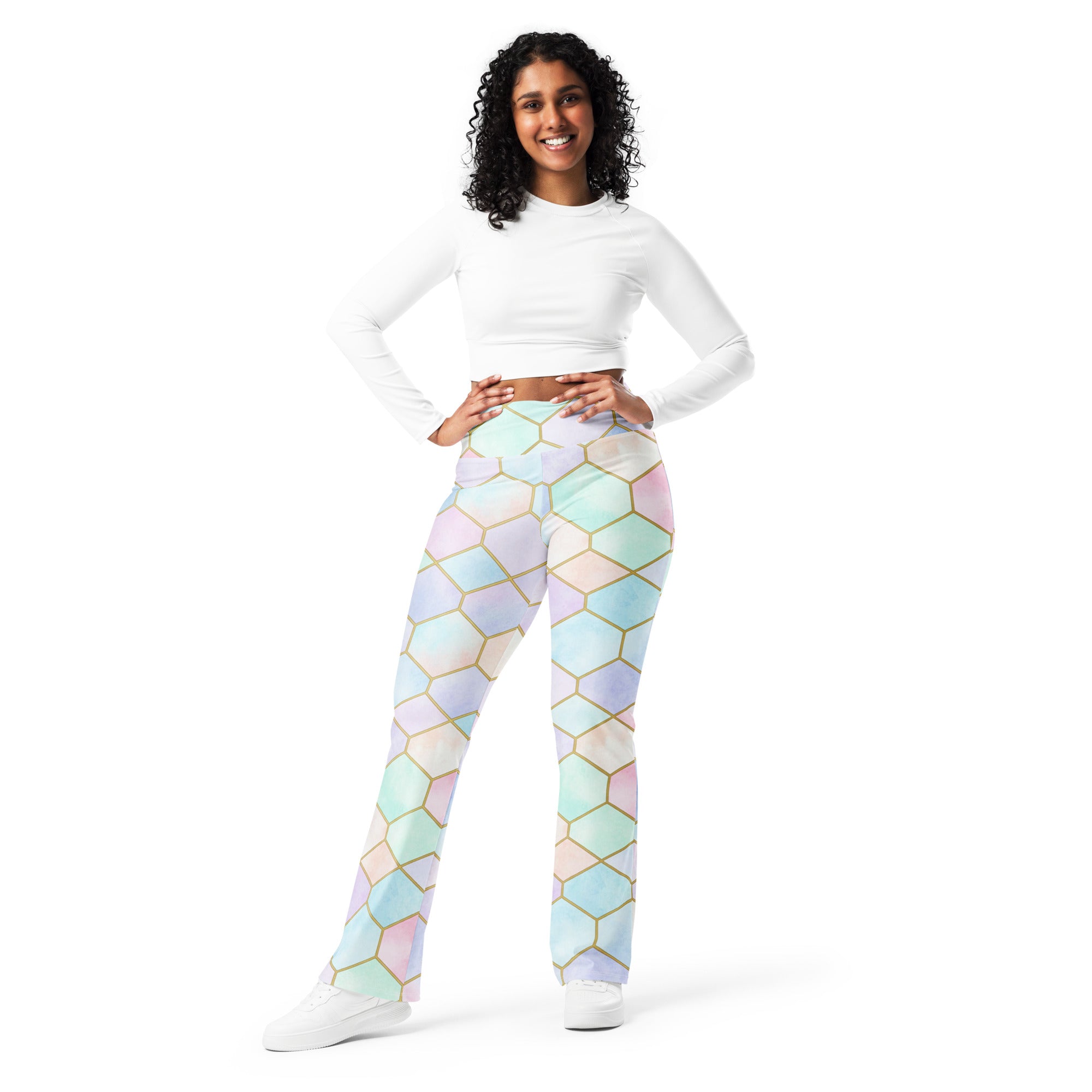 Arabic Watercolour Pastel Rainbow Flare Leggings | GearBunch