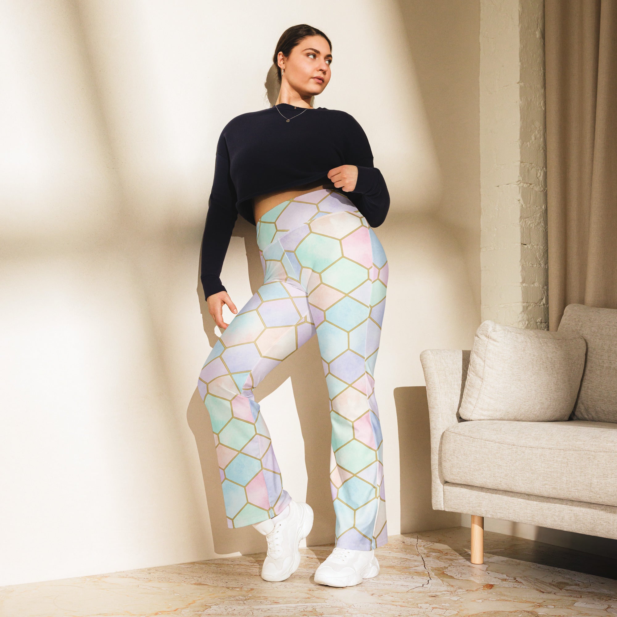 Arabic Watercolour Pastel Rainbow Flare Leggings | GearBunch