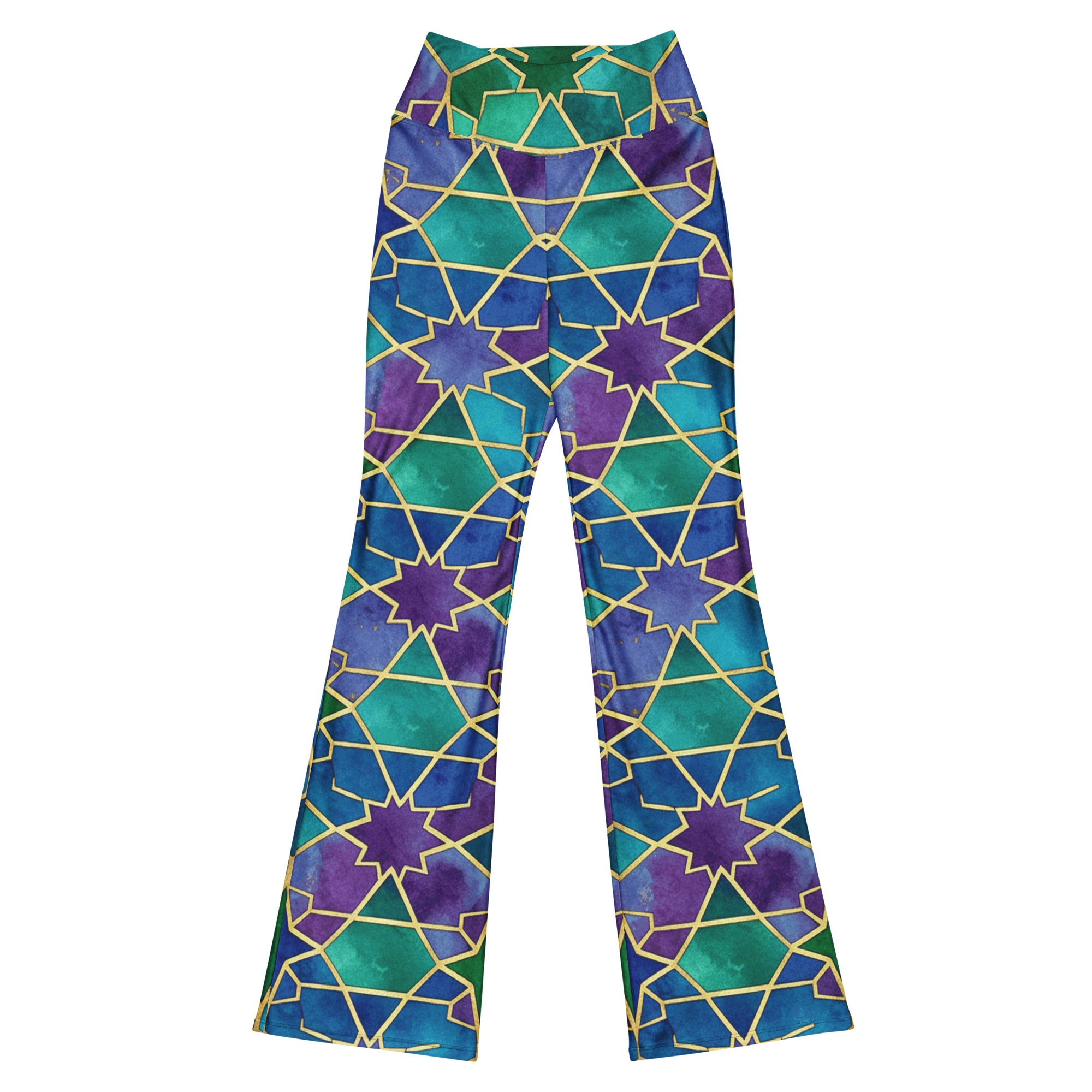 GearBunch Arabic Peacock Plume Flare Leggings with vibrant geometric pattern, deep blue, green, purple, and gold outlines.