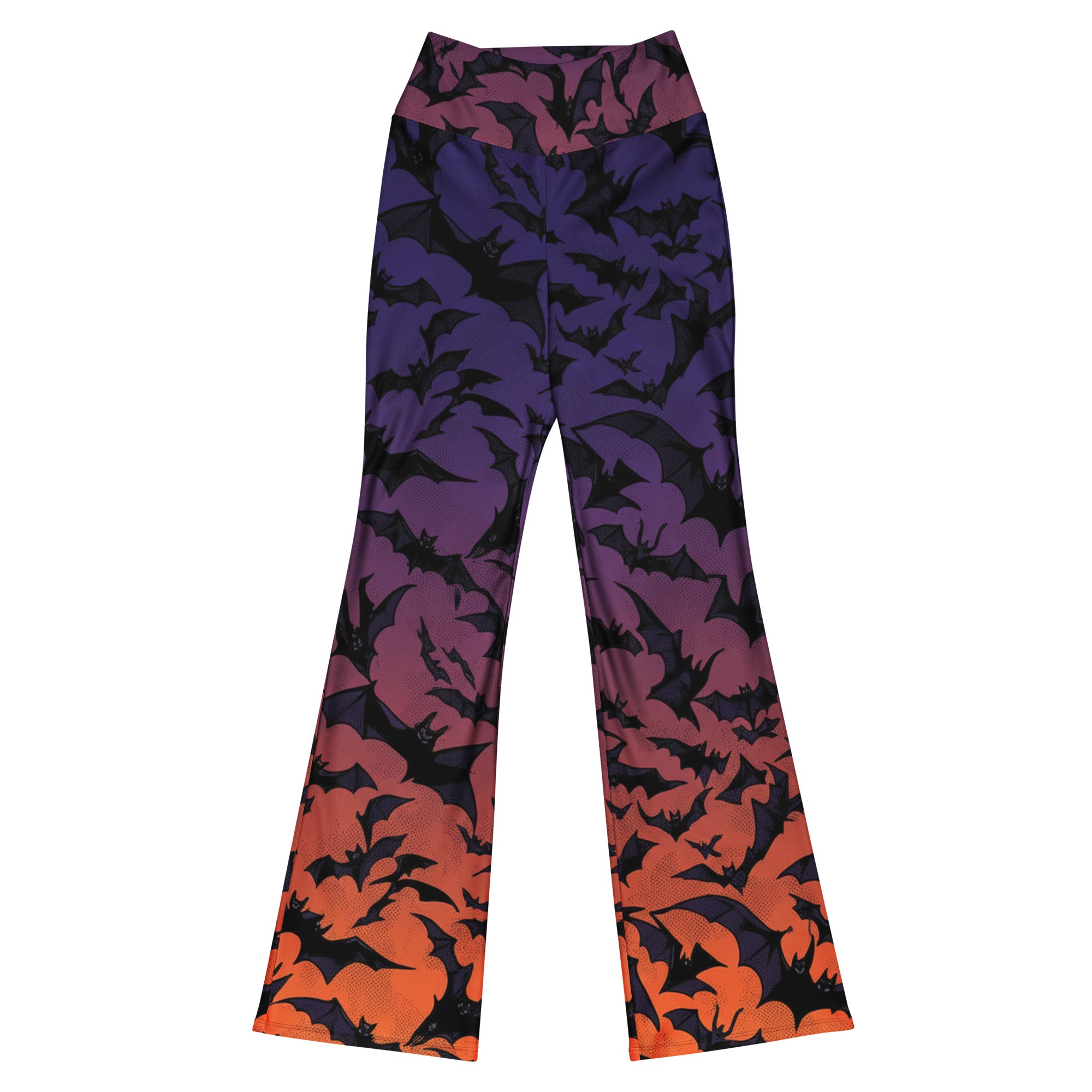 Woman wearing Bat Swarm Twilight Flare Leggings by GearBunch, featuring a dark purple, indigo, blood orange, and black bat swarm design.