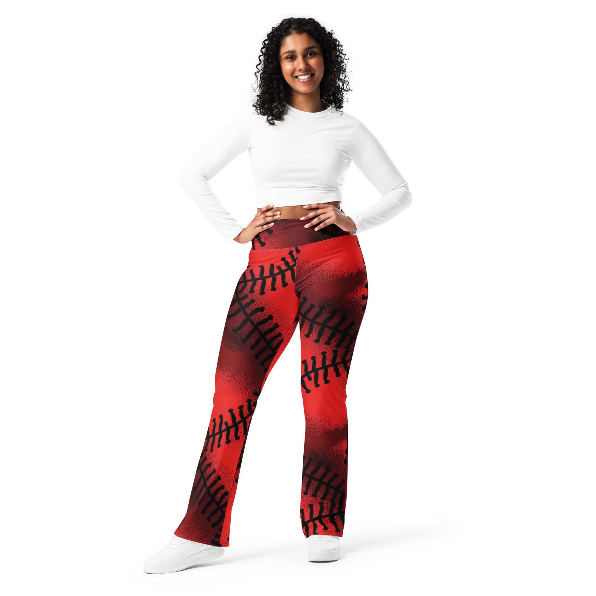 Black Baseball Stitches Flare Leggings | GearBunch
