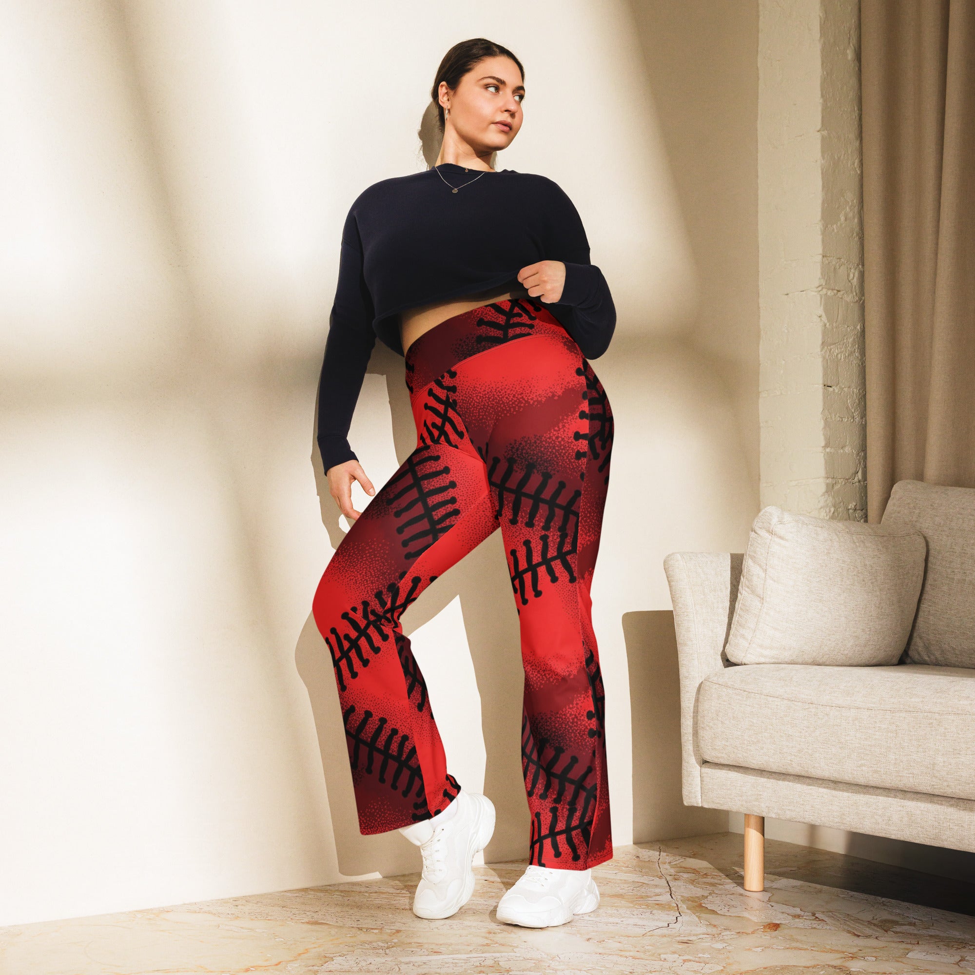 Black Baseball Stitches Flare Leggings | GearBunch