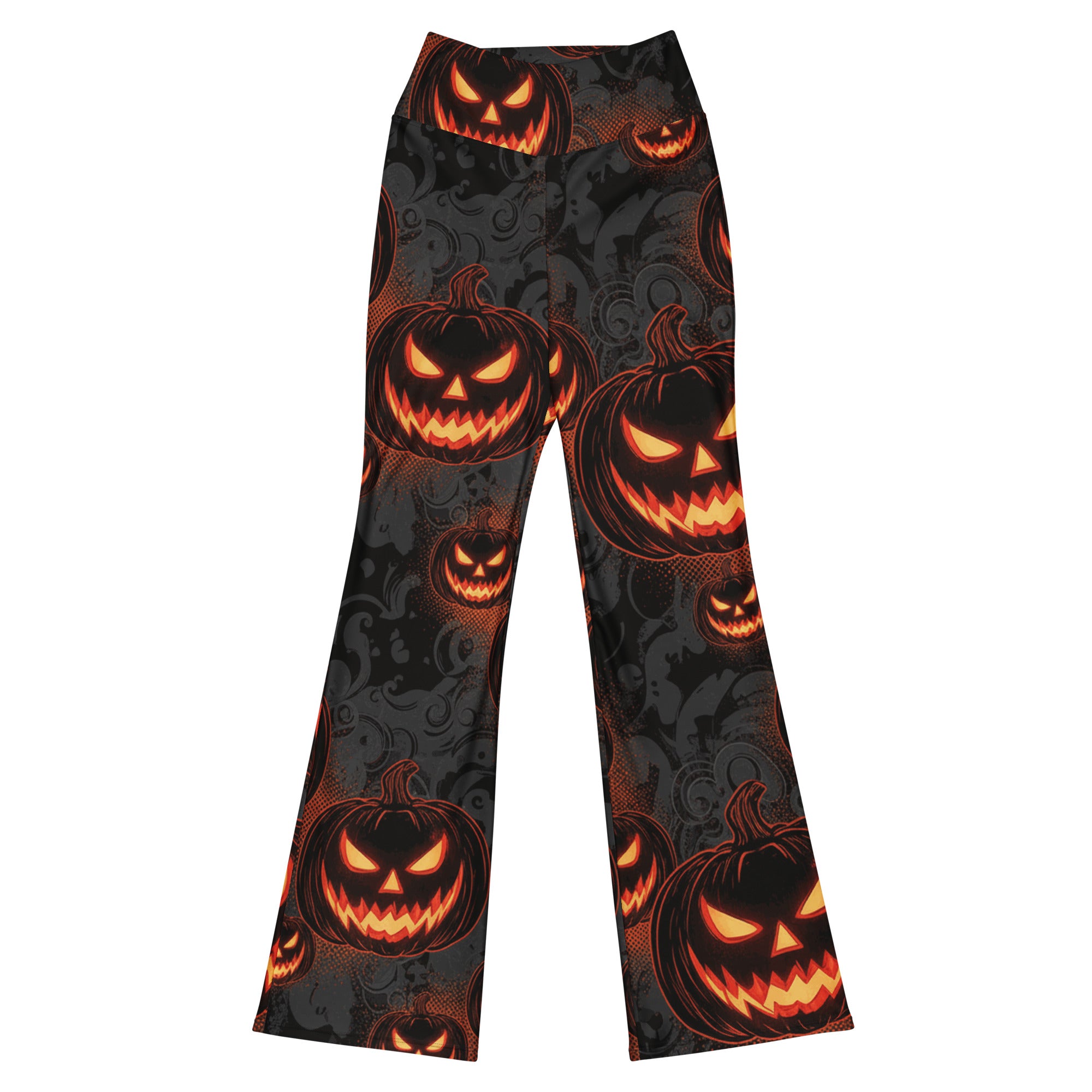 Front view of Carved Jack-o-Lantern Glow Flare Leggings from GearBunch, featuring pumpkin orange and ember red patterns on deep black fabric.