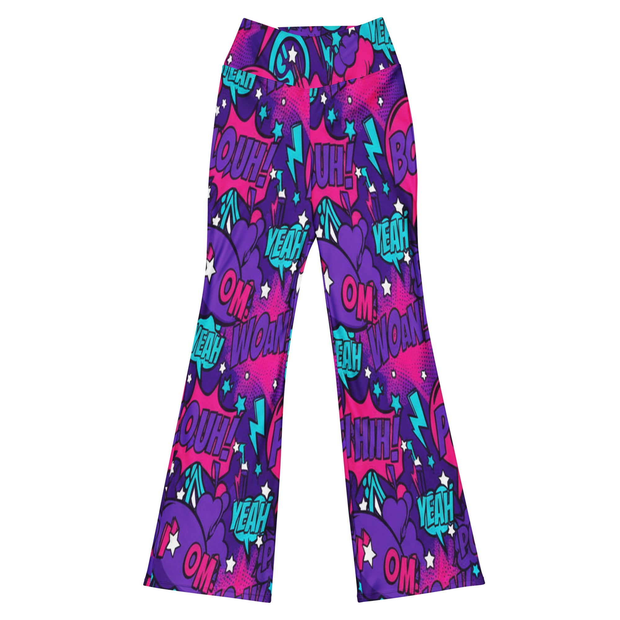 GearBunch Comic Pop Galaxy Purple Flare Leggings with dynamic comic bursts and action words.