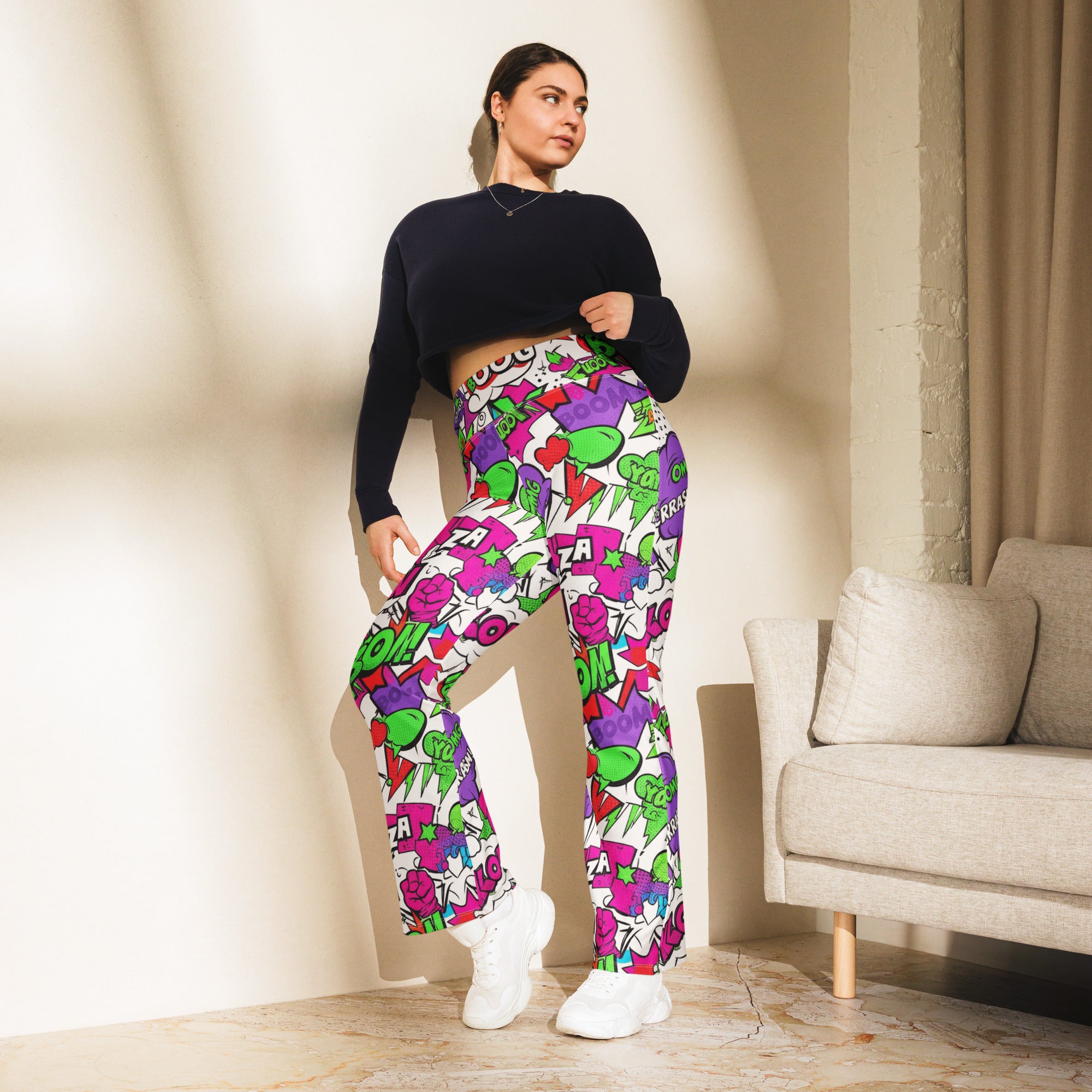 Comic Pop Neon Pink Flare Leggings | GearBunch