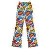 GearBunch Comic Pop Retro Red Flare Leggings featuring a vibrant, energetic comic book pattern with bold words.