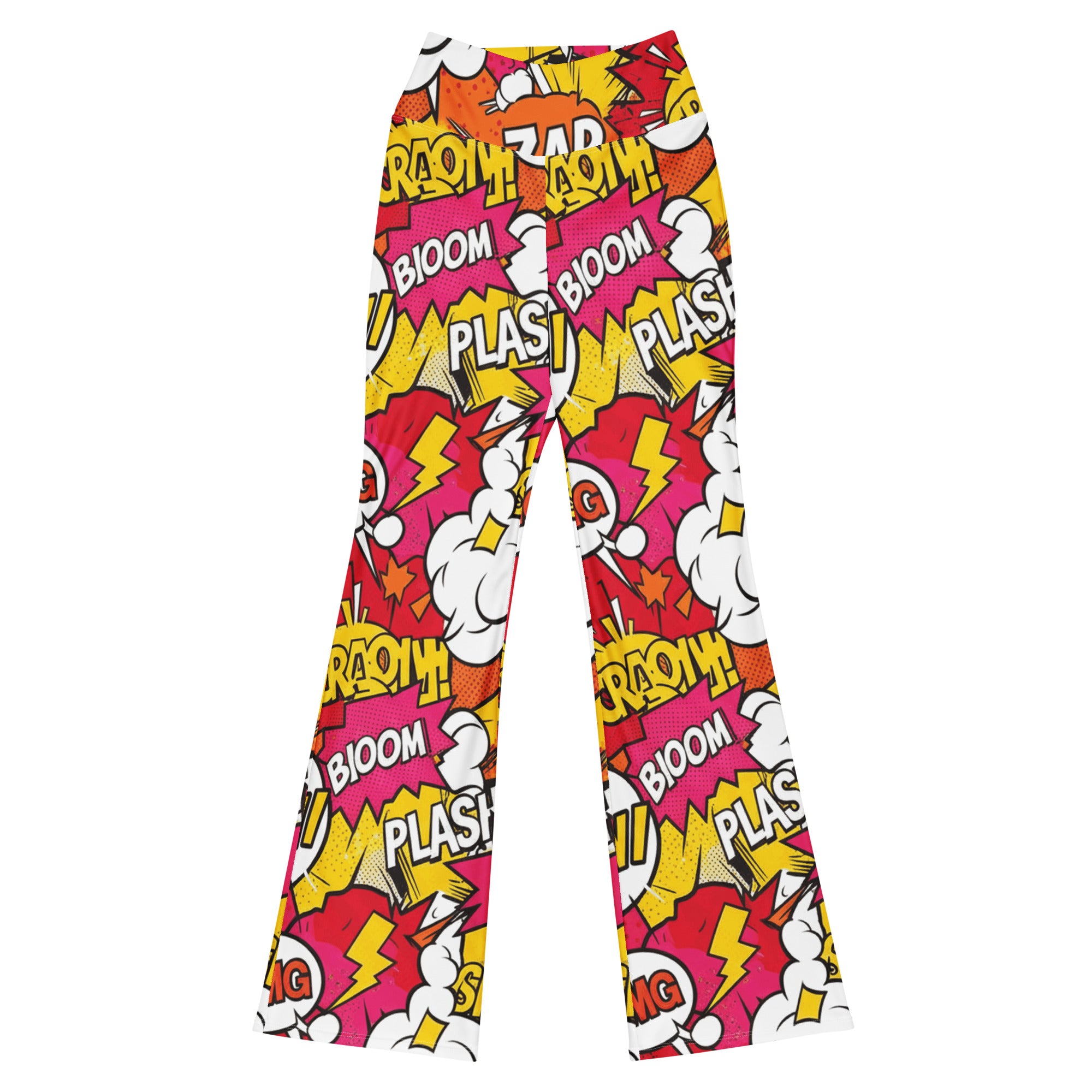 GearBunch Comic Pop Sunset Orange Flare Leggings with vibrant comic speech bubble pattern and bold colors.