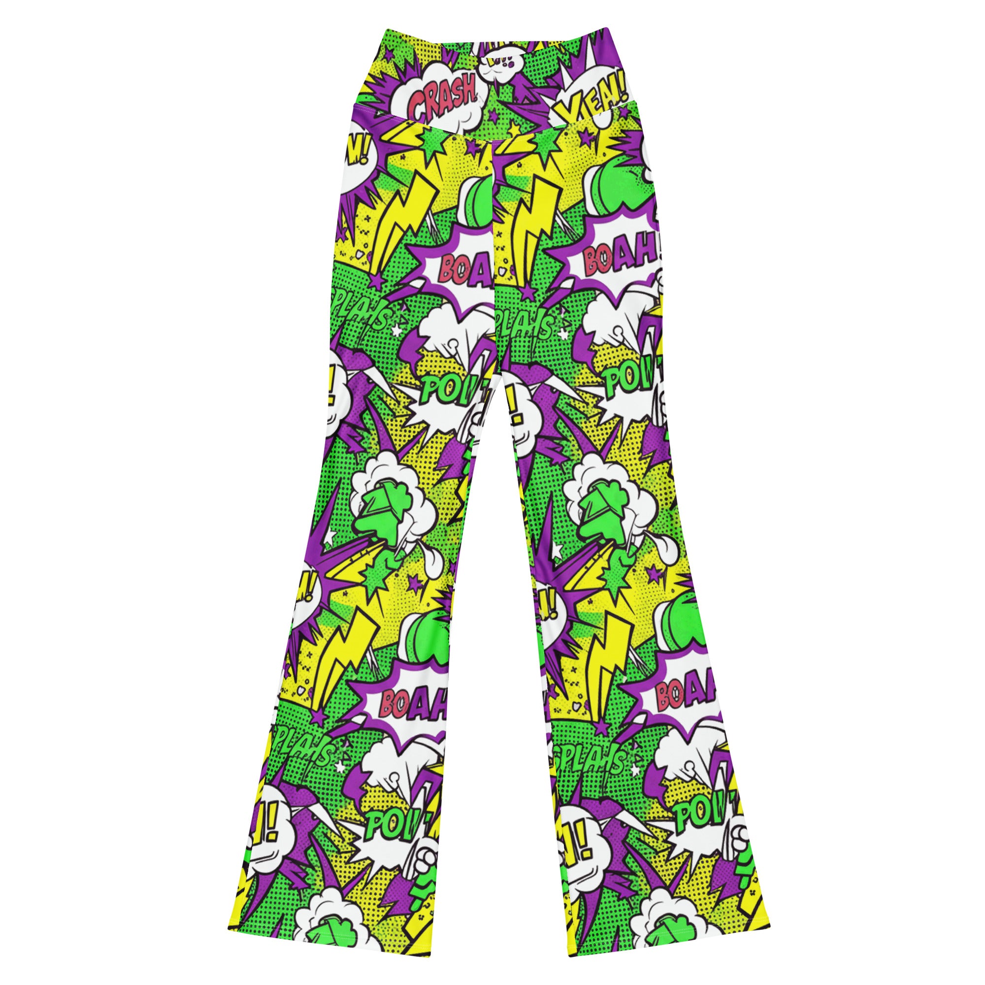 Vibrant Comic Pop Toxic Green Flare Leggings from GearBunch, featuring bold comic book sound effects and neon colours.