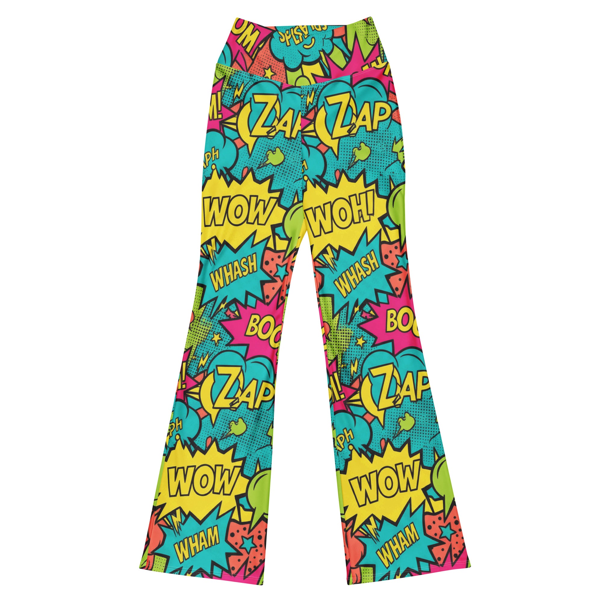 Vibrant Comic Pop Tropical Flare Leggings from GearBunch with neon comic bubble patterns and sound effects.