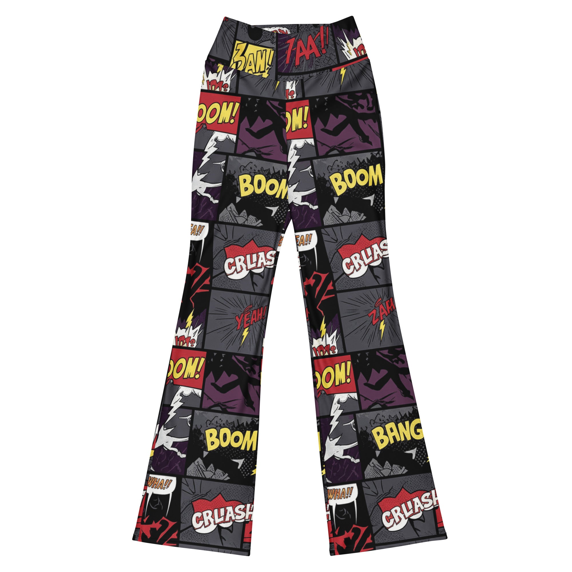 Model wearing GearBunch Comic Strip Dark Knight Flare Leggings with dynamic action scenes in black, purple, and blood red.