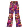 Comic Strip Disco Funk Flare Leggings by GearBunch, featuring ultra-vibrant hot pink, electric orange, purple, and gold comic panel design.