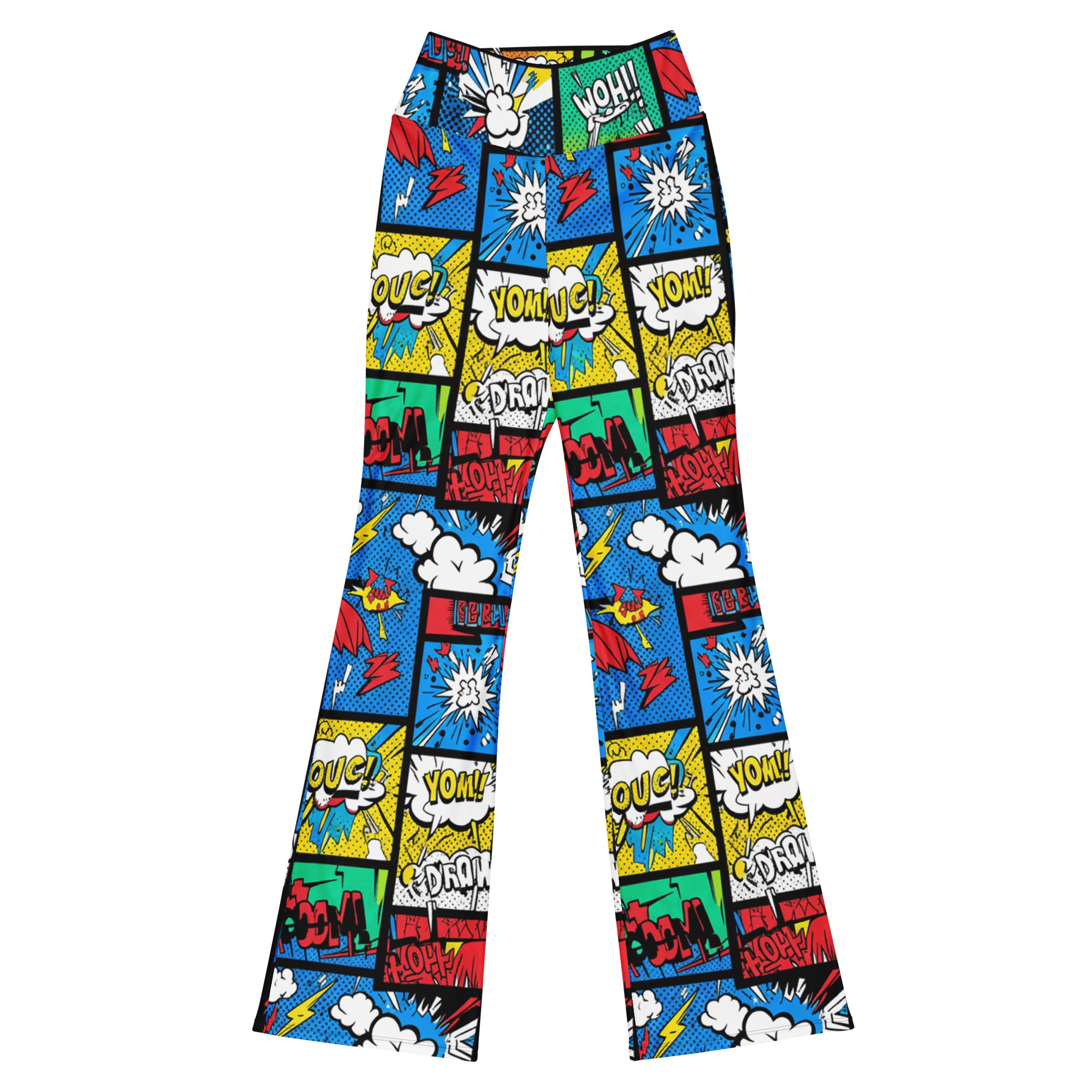 GearBunch Comic Strip Graffiti Street Flare Leggings with bold comic panels, speech bubbles, and vibrant street art design.