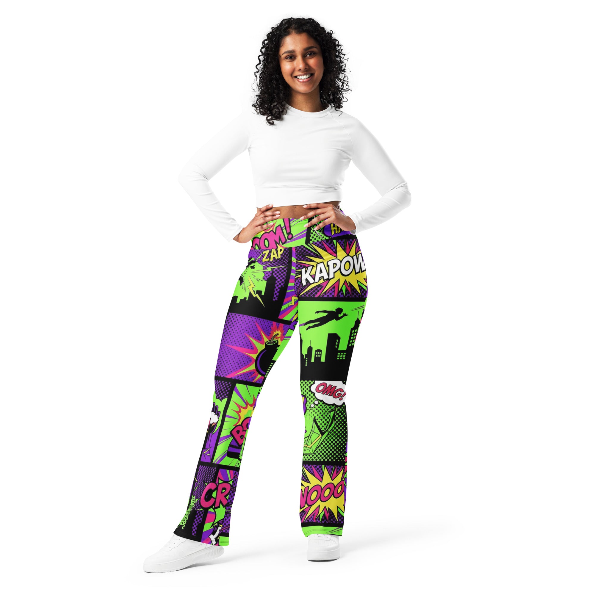 Comic Strip Neon Villain Flare Leggings | GearBunch