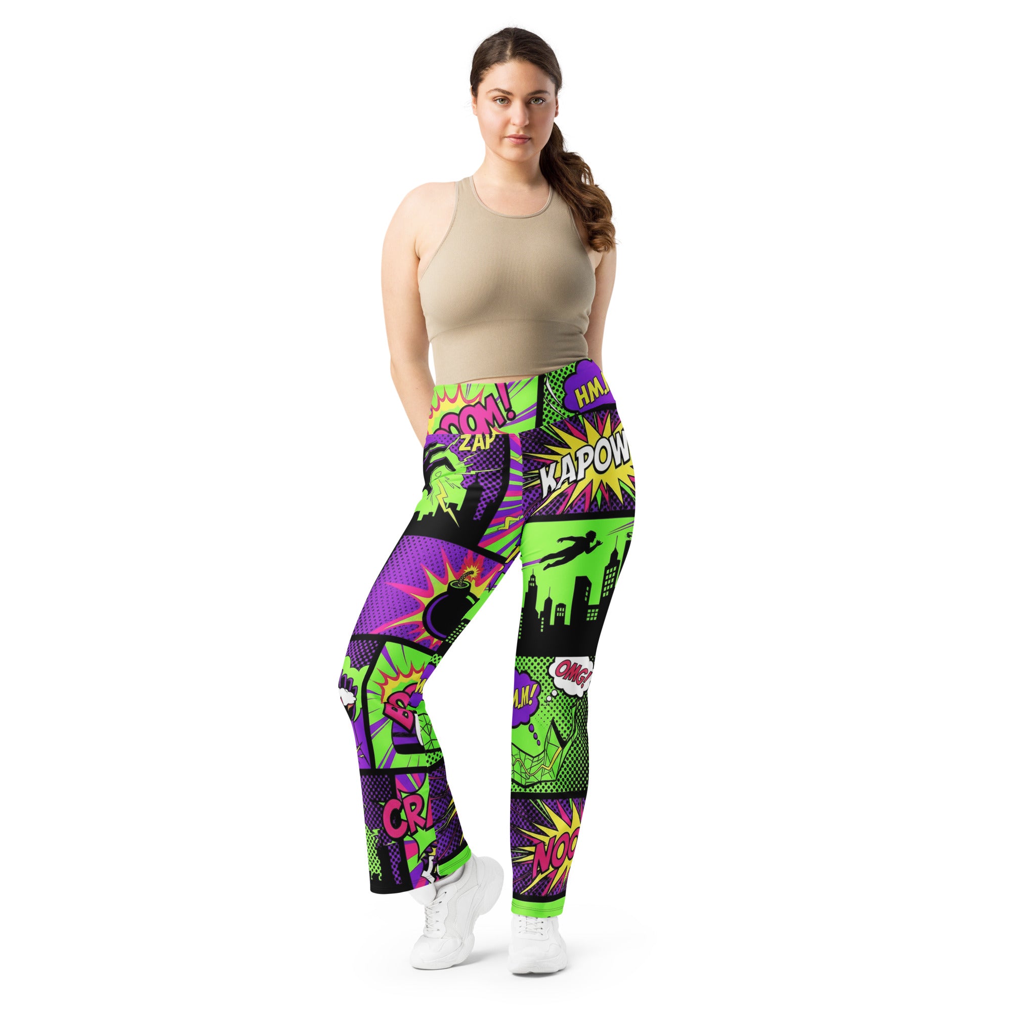 Comic Strip Neon Villain Flare Leggings | GearBunch
