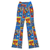 GearBunch Comic Strip Robot Wars Flare Leggings. Electric blue, bright red, and steel robots clash with comic explosions and 'BAM!' text. Dynamic activewear.