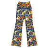 Woman striking a powerful pose in vibrant Comic Strip Thunder Punch GearBunch Flare Leggings with dynamic action scenes and bold words.
