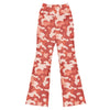 Woman wearing GearBunch Coral Sunset Camo Flare Leggings during a yoga pose, showcasing bold activewear style.