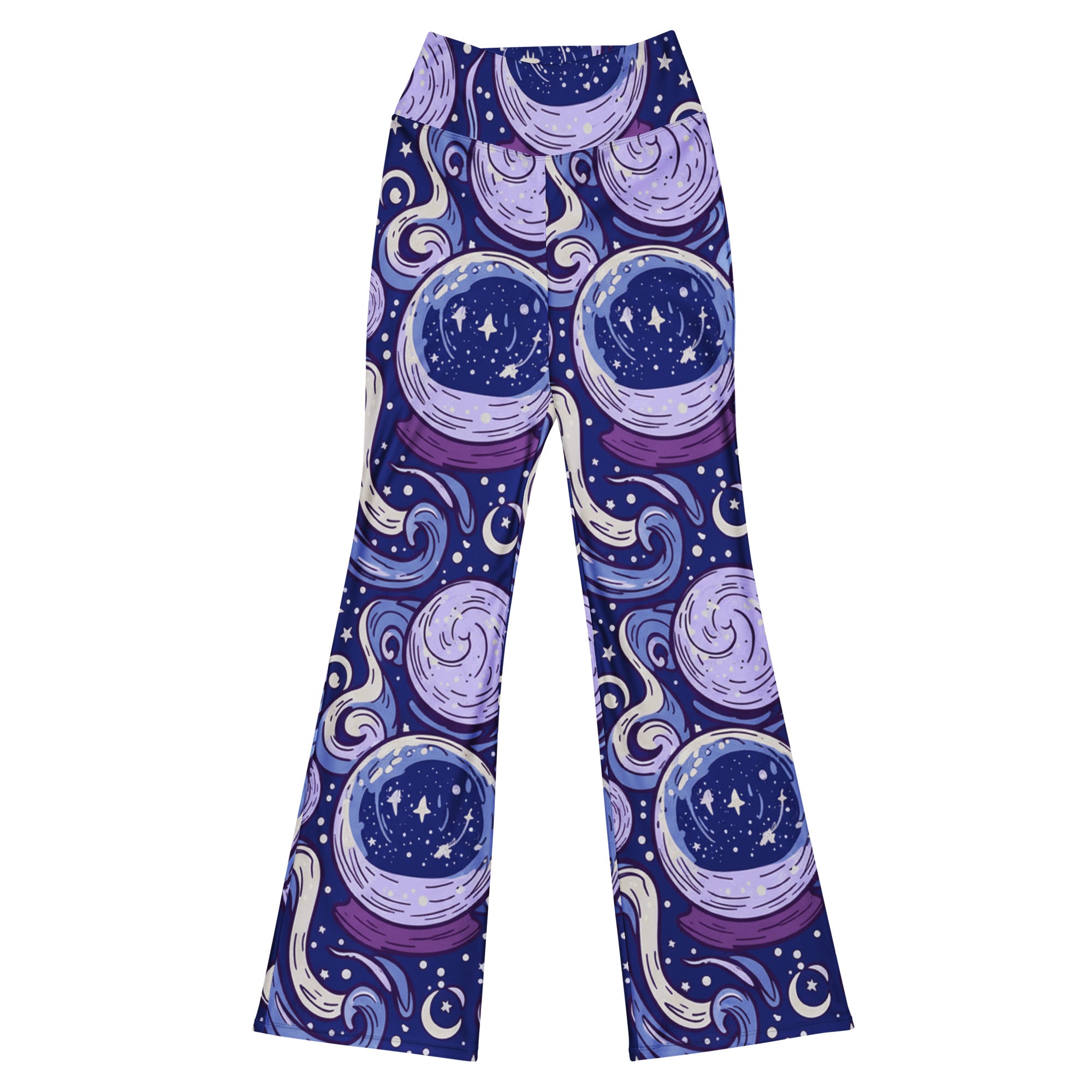 GearBunch Crystal Ball Smoke Magic Flare Leggings with mystical smoke, lavender, and midnight blue patterns. High-waisted activewear for women.