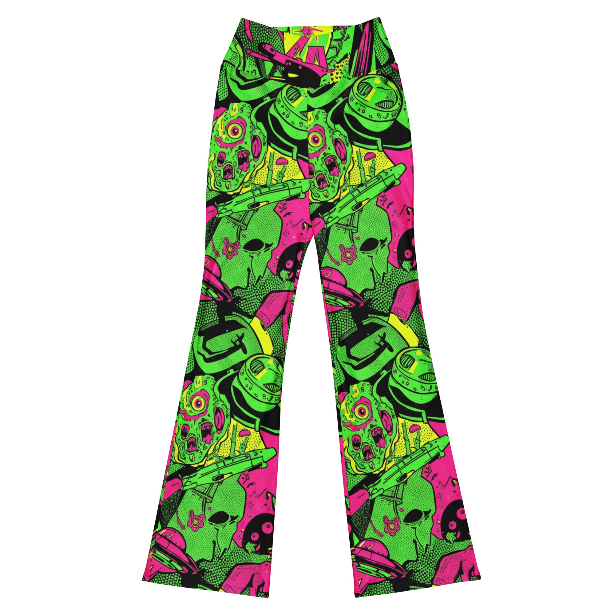 Main image of GearBunch Drive-In Horror B-Movie Flare Leggings with vibrant lime, fuchsia, electric yellow on deep black.
