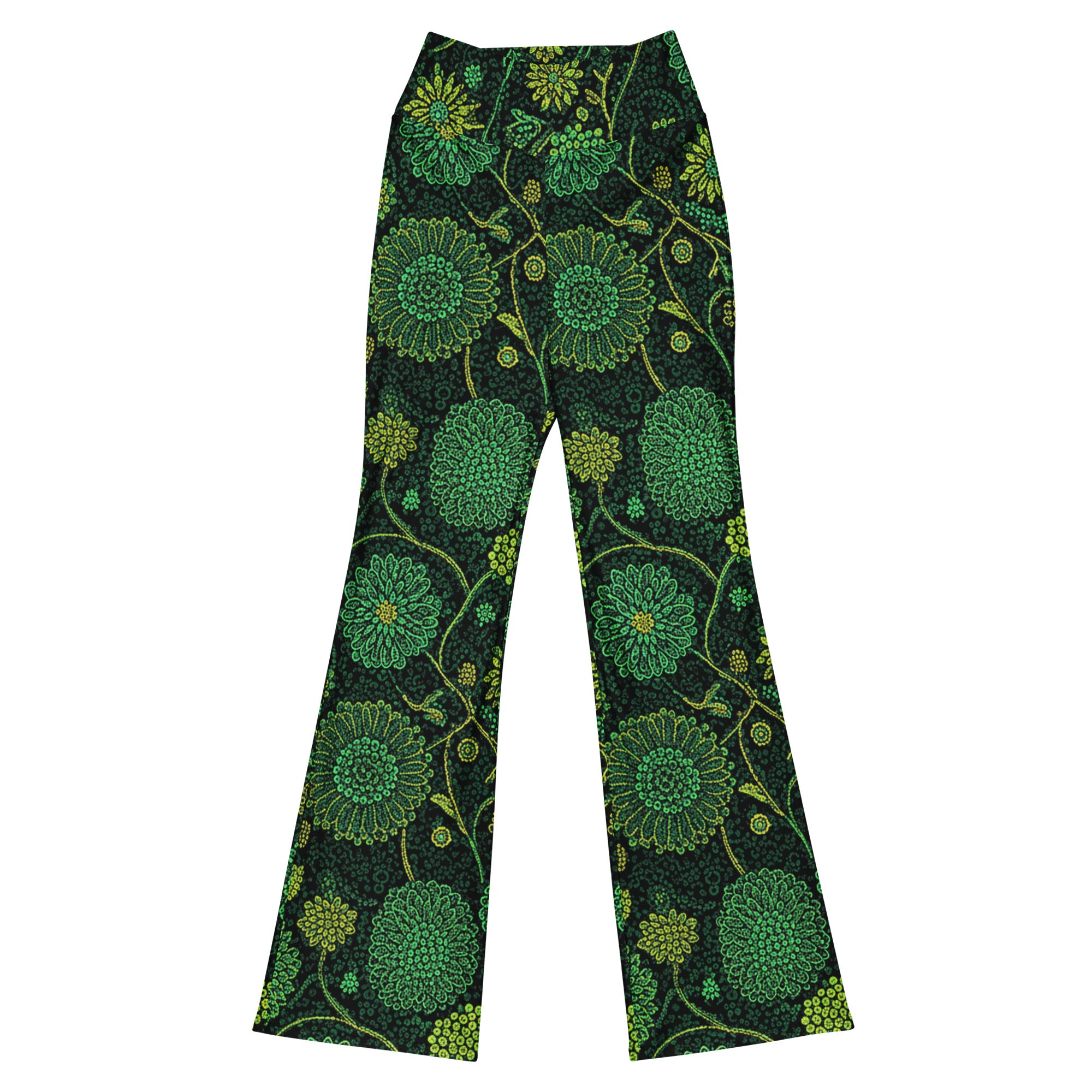 GearBunch Emerald Paillette Jungle Flare Leggings. Vibrant, jewel-toned activewear featuring exotic fantasy florals in emerald, jade, and gold.