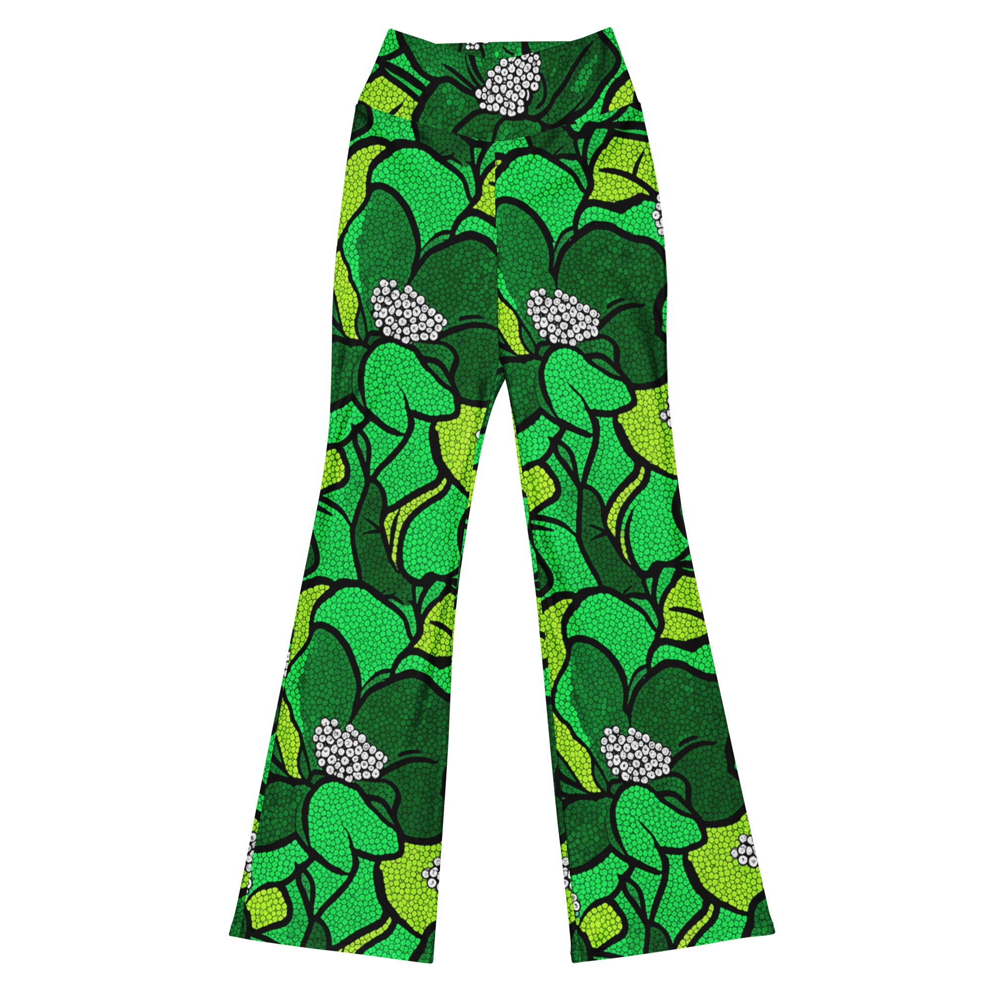 GearBunch Emerald Paillette Magnolia Flare Leggings, vibrant botanical print in forest green and gold.