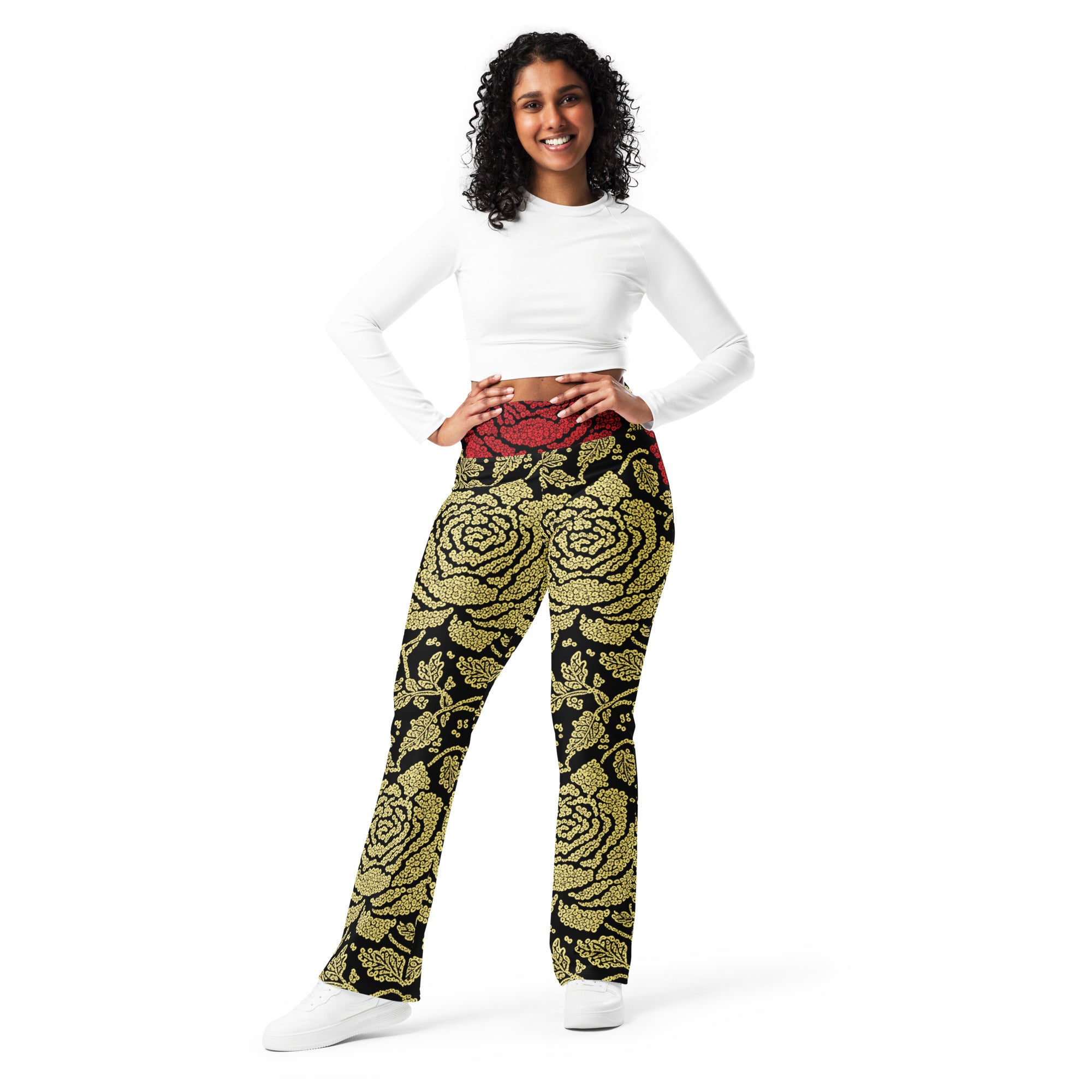 Gold Paillette Rose Flare Leggings | GearBunch