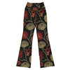 Luxurious Gold Paillette Rose Garden Flare Leggings by GearBunch, featuring rich floral patterns in black, gold, and red hues.