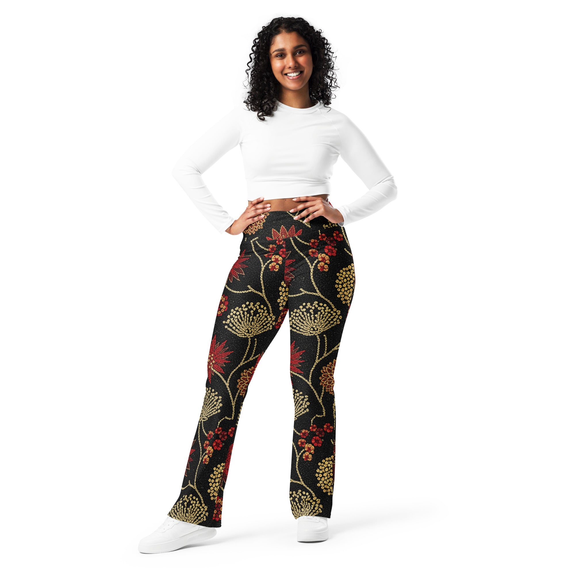 Gold Paillette Rose Garden Flare Leggings | GearBunch