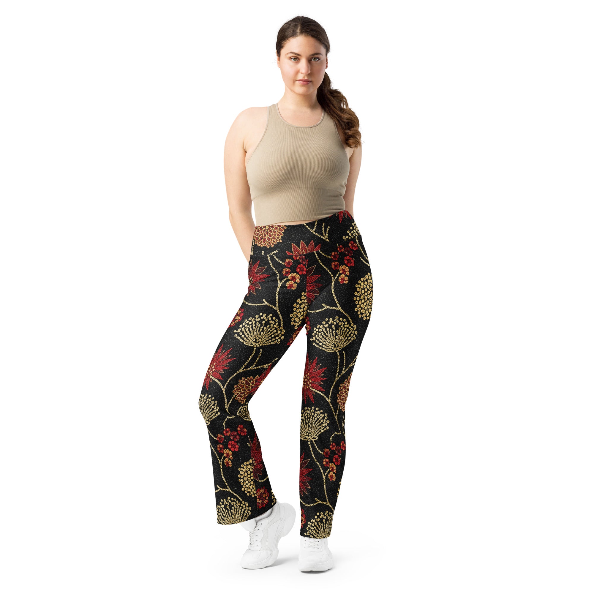 Gold Paillette Rose Garden Flare Leggings | GearBunch
