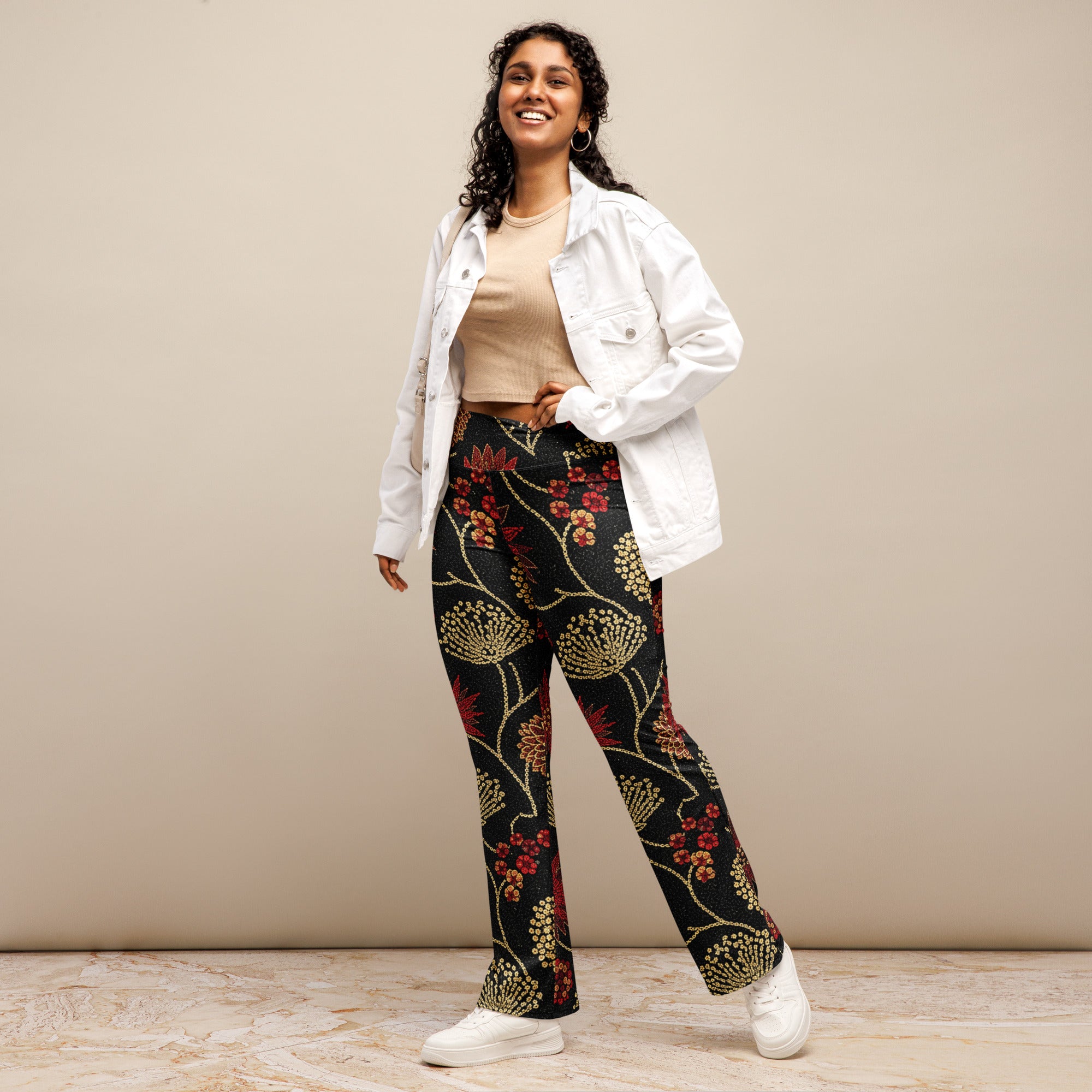 Gold Paillette Rose Garden Flare Leggings | GearBunch