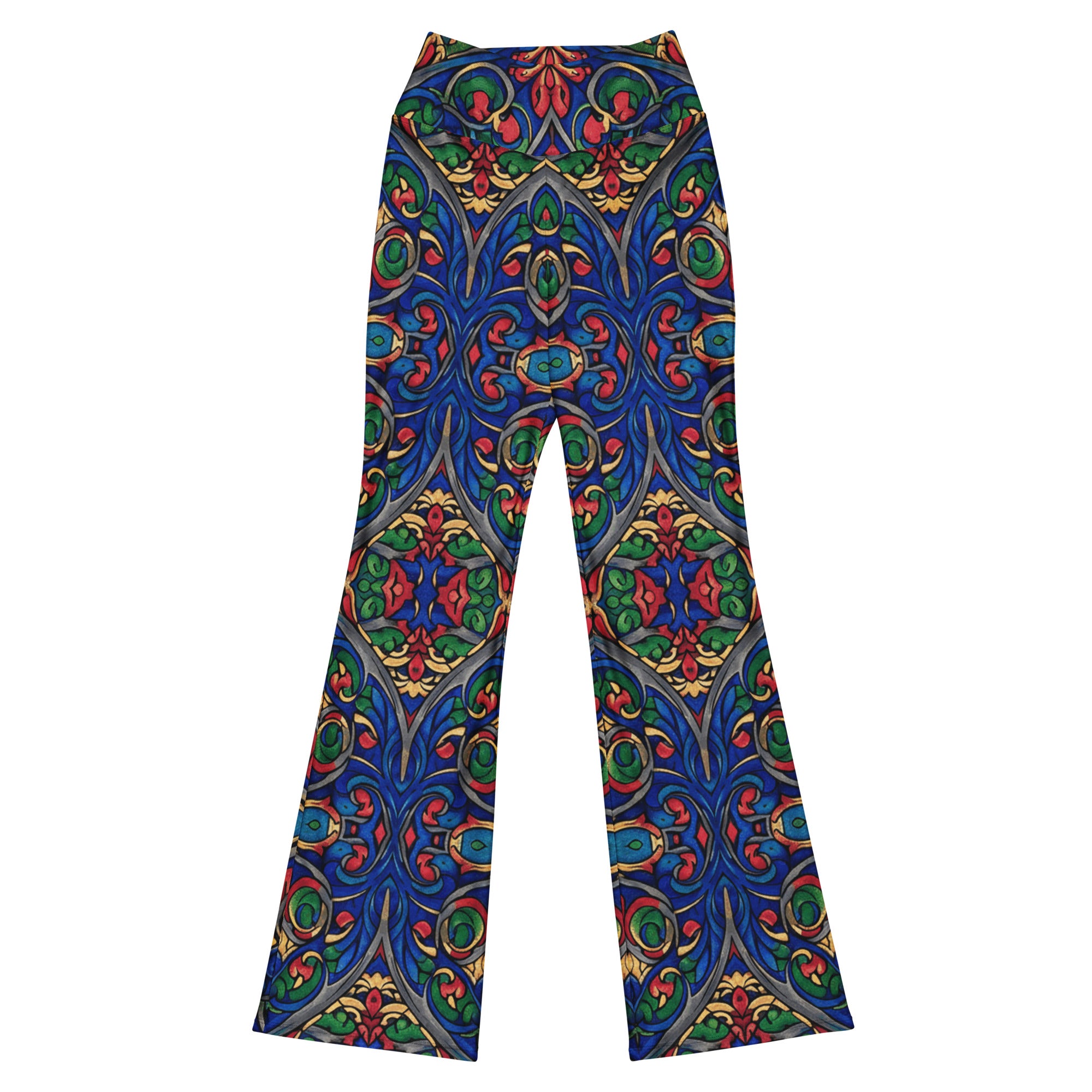 Woman wearing GearBunch Gothic Cathedral Stained Glass Flare Leggings with vibrant cobalt, ruby, and emerald colors.