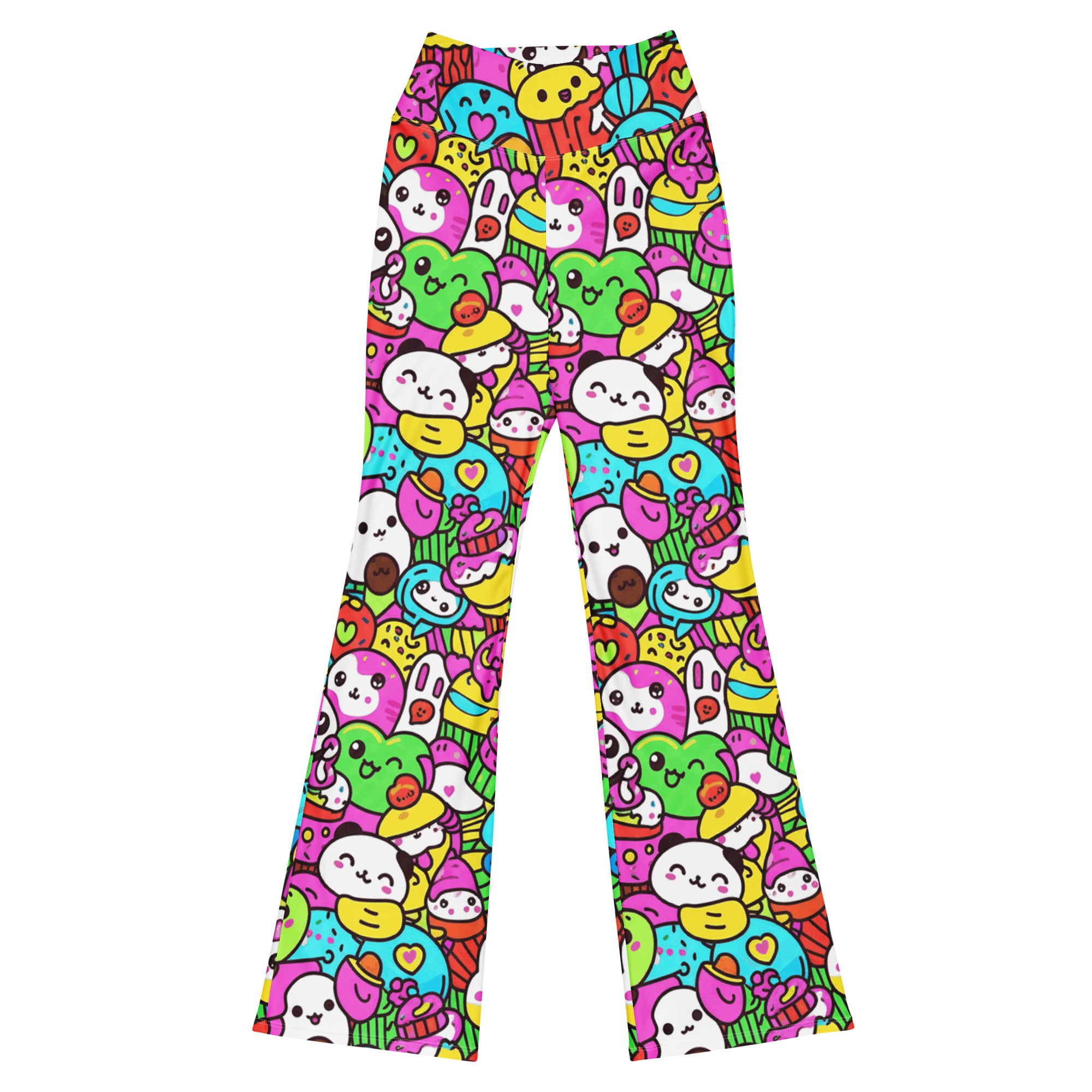 Vibrant GearBunch Kawaii Arcade Game Flare Leggings with playful characters and bright neon colors.