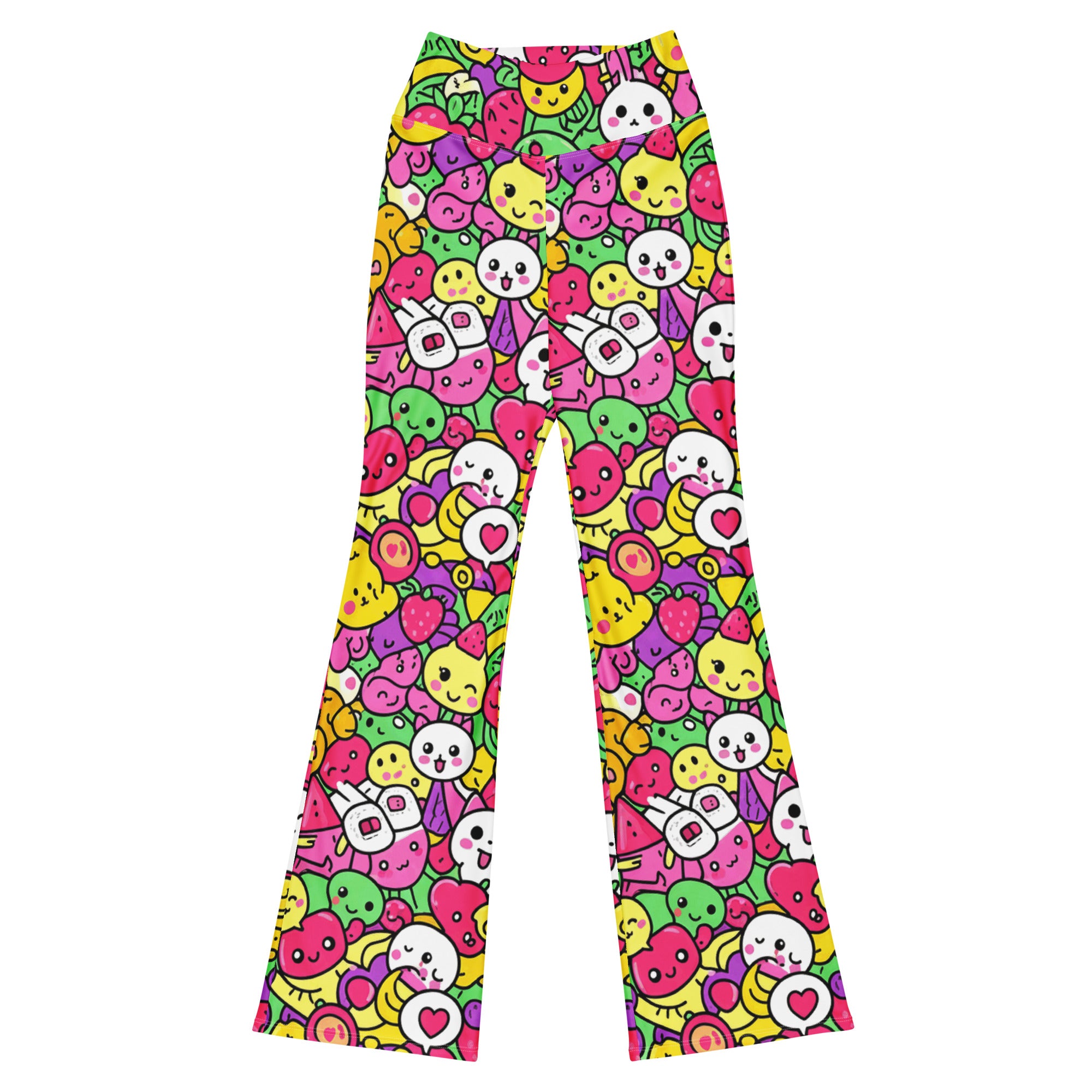 Vibrant Kawaii Fruit Salad Flare Leggings by GearBunch, featuring neon cute animals and food for active women.