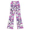 GearBunch Kawaii Pastel Goth Flare Leggings featuring cute cartoon animals, food, and symbols in pastel pink, purple, and black.