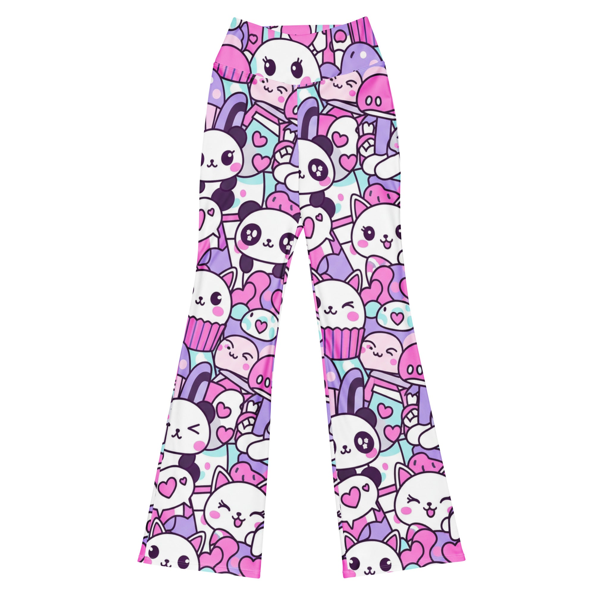 GearBunch Kawaii Pastel Goth Flare Leggings featuring cute cartoon animals, food, and symbols in pastel pink, purple, and black.