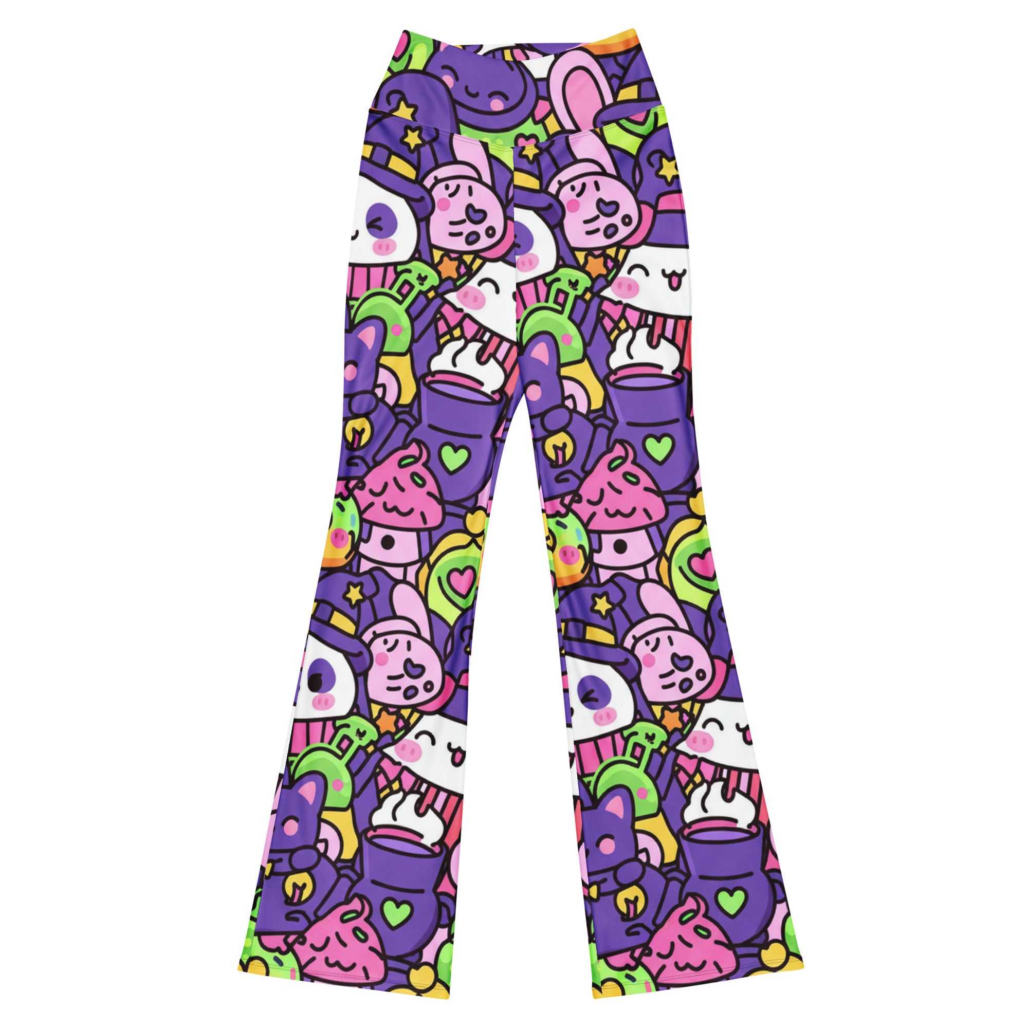 Vibrant Kawaii Witch Familiar GearBunch Flare Leggings featuring cute cats, pumpkins, and stars on deep purple.