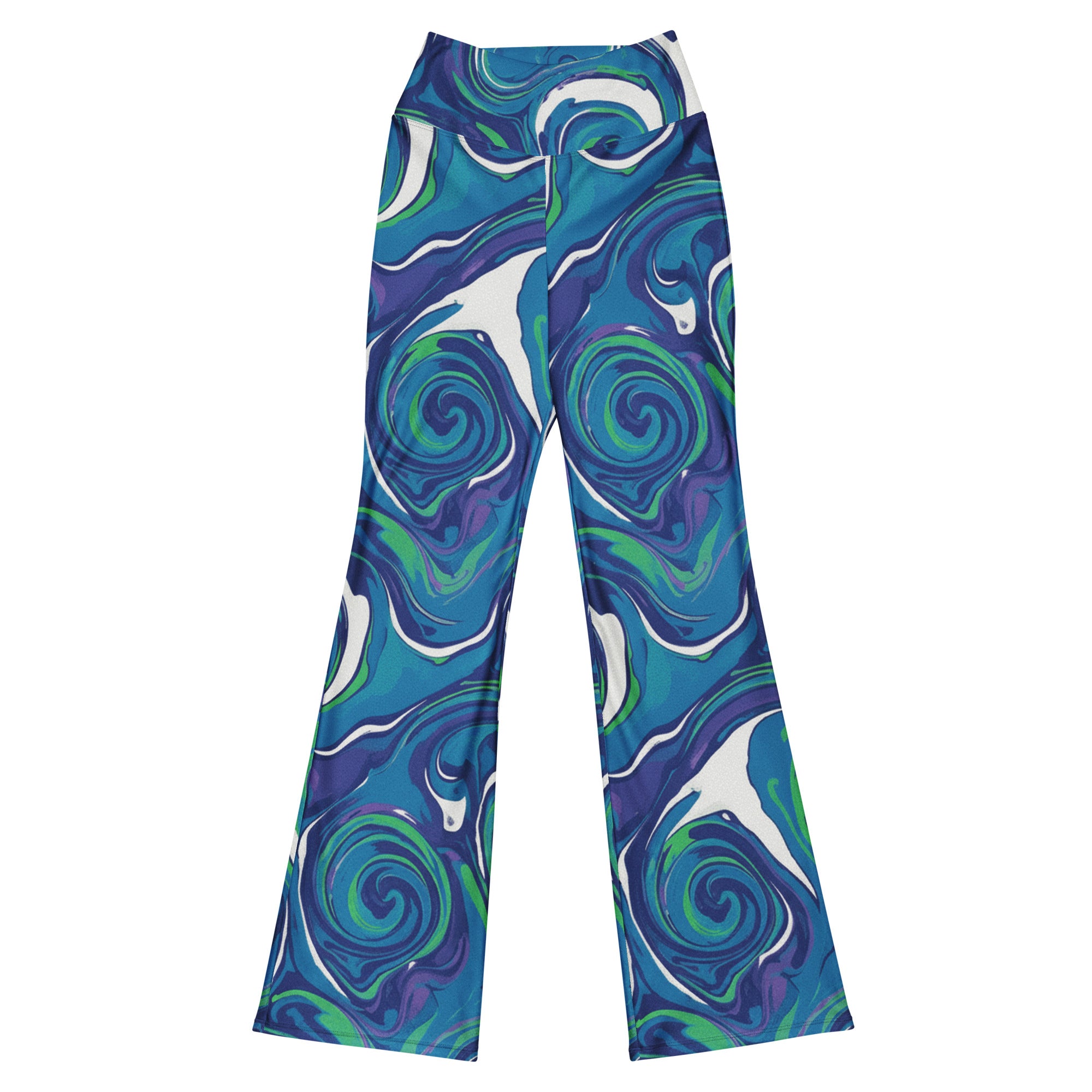 Main image of women's GearBunch Liquid Marble Arctic Aurora Flare Leggings, featuring bold swirling blues, greens, and violet patterns.
