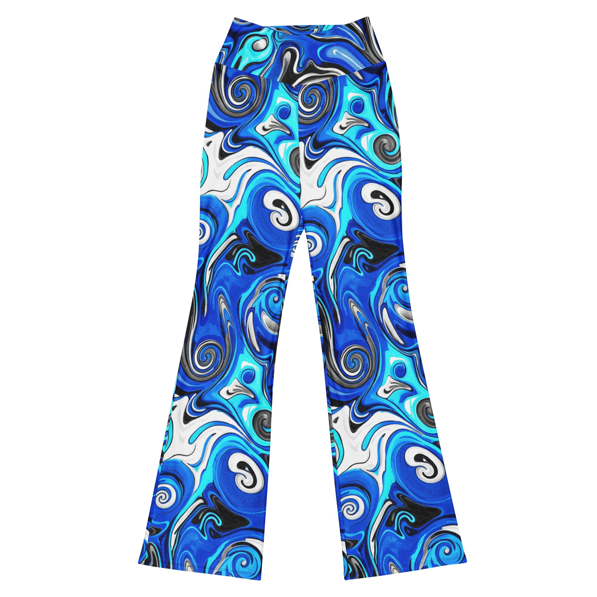 GearBunch Liquid Marble Electric Storm Flare Leggings, featuring vivid electric blue, black, and white flowing liquid patterns. Women's activewear.
