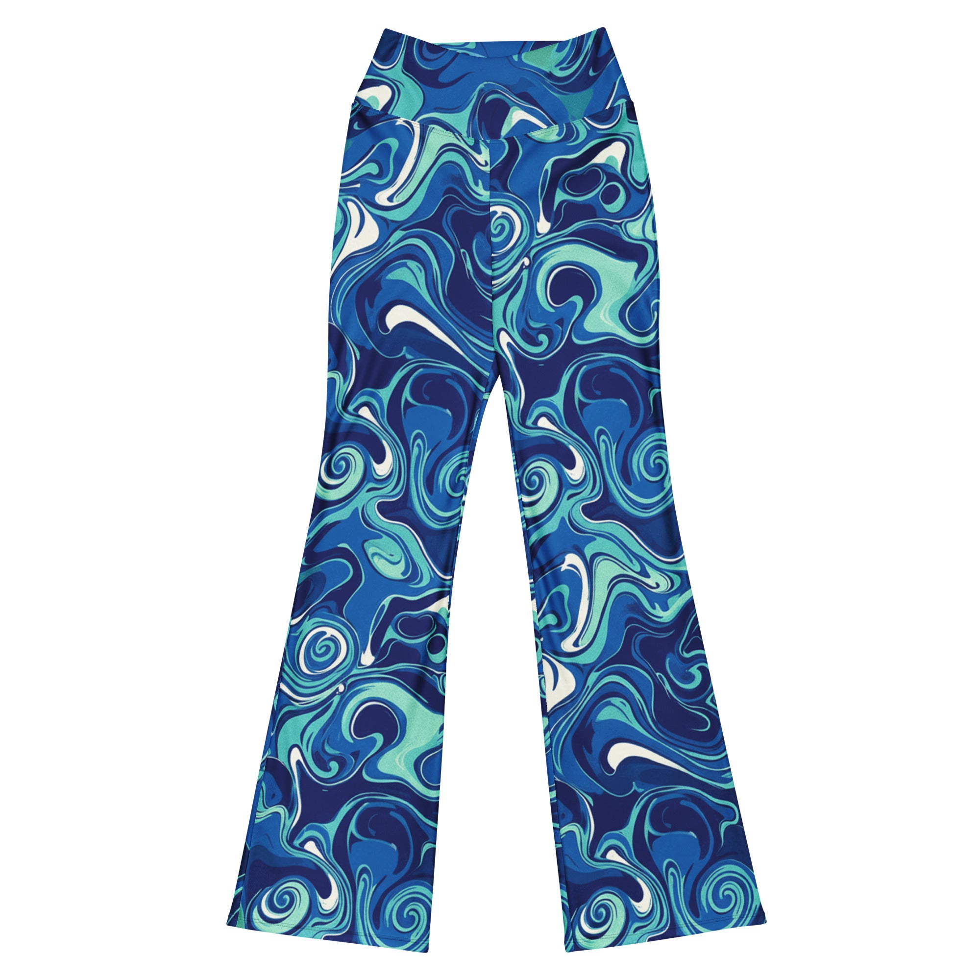 Close-up of Liquid Marble Ocean Current Flare Leggings featuring swirling blues, greens, and white pattern. GearBunch Flare Leggings.