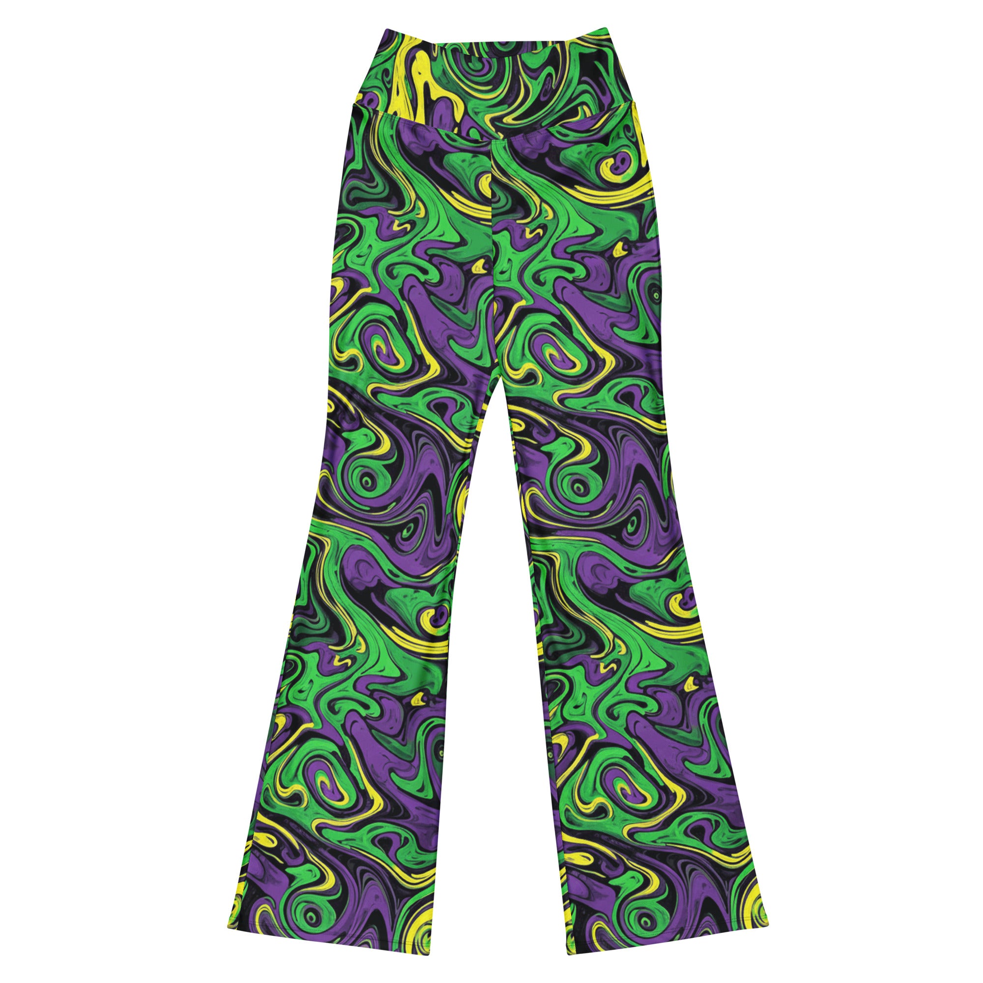 Liquid Marble Toxic Slime Flare Leggings by GearBunch, featuring flowing acid green, purple, and black swirls for bold activewear.