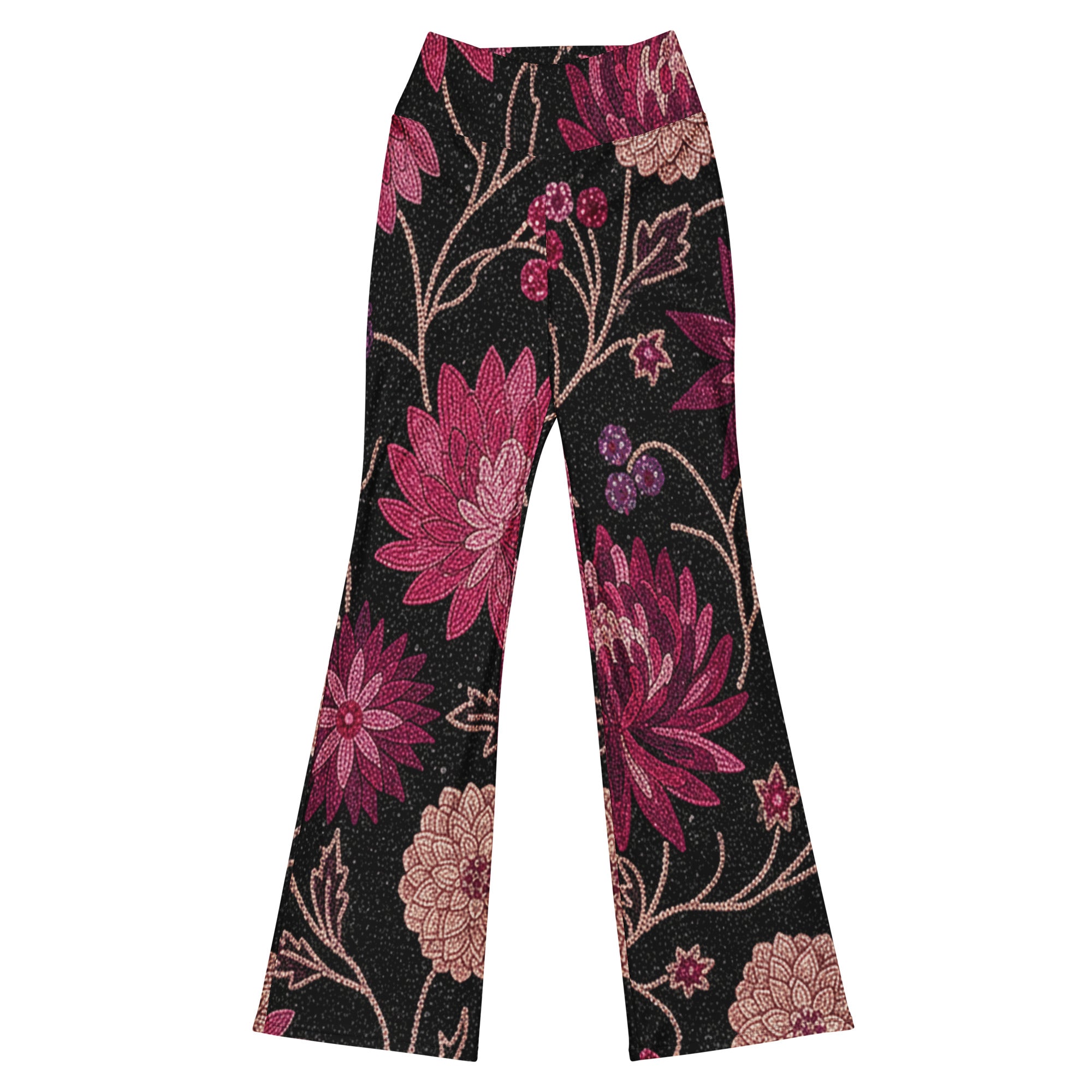 GearBunch Midnight Paillette Peony Flare Leggings featuring bold pink, magenta, and rose gold florals on a black beaded texture background.