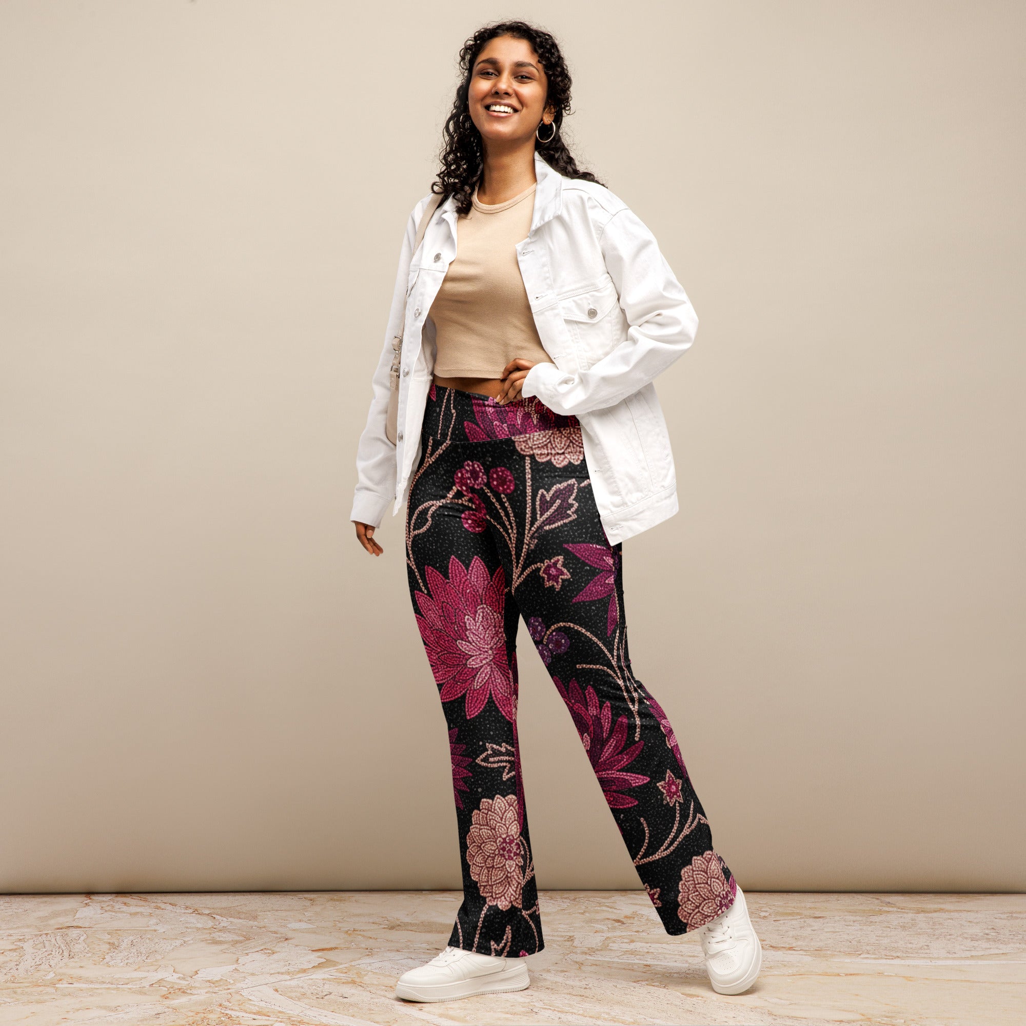 Midnight Paillette Peony Flare Leggings | GearBunch