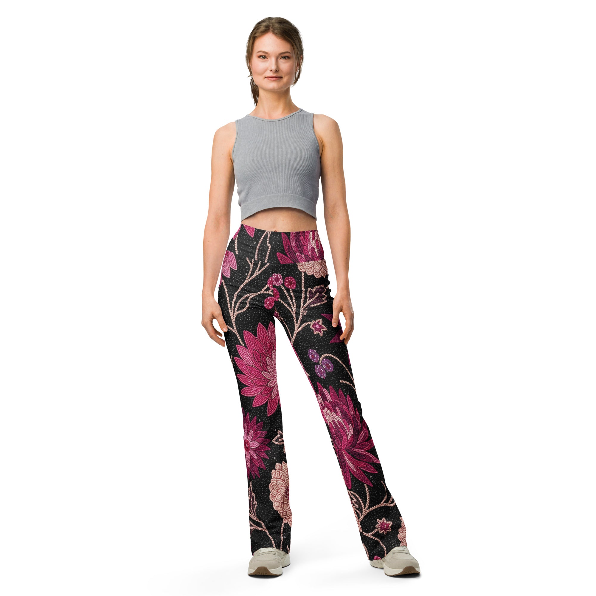 Midnight Paillette Peony Flare Leggings | GearBunch