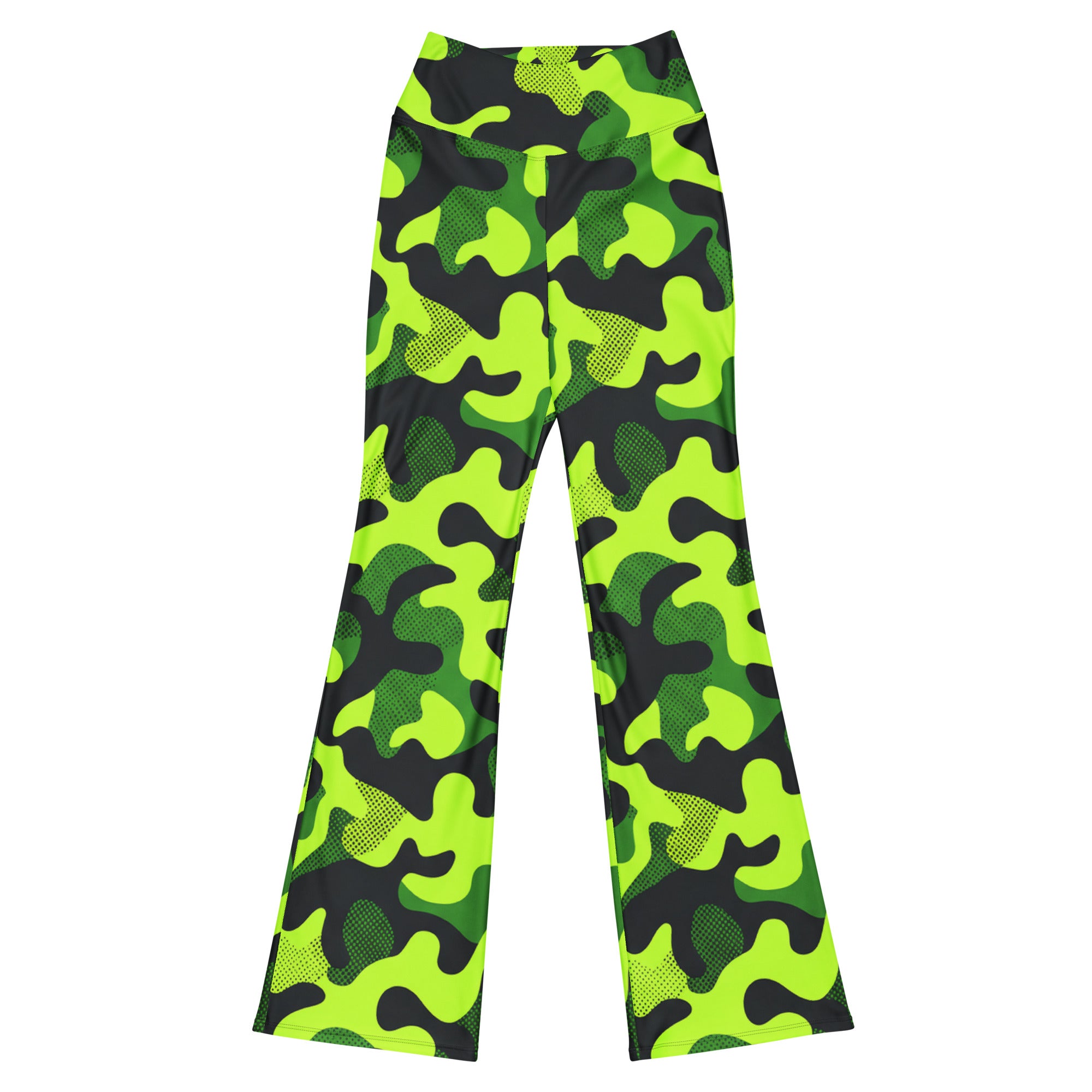 GearBunch Neon Camo Flare Leggings for women, featuring electric lime, bright green, and jet black pattern.