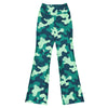 Main product image of a woman wearing Ocean Teal Camo Flare Leggings by GearBunch, showing vibrant ocean-inspired pattern.