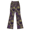 Woman wearing GearBunch Pentagram Geometric Mystic Flare Leggings with deep purple, black, antique gold, and ivory design.