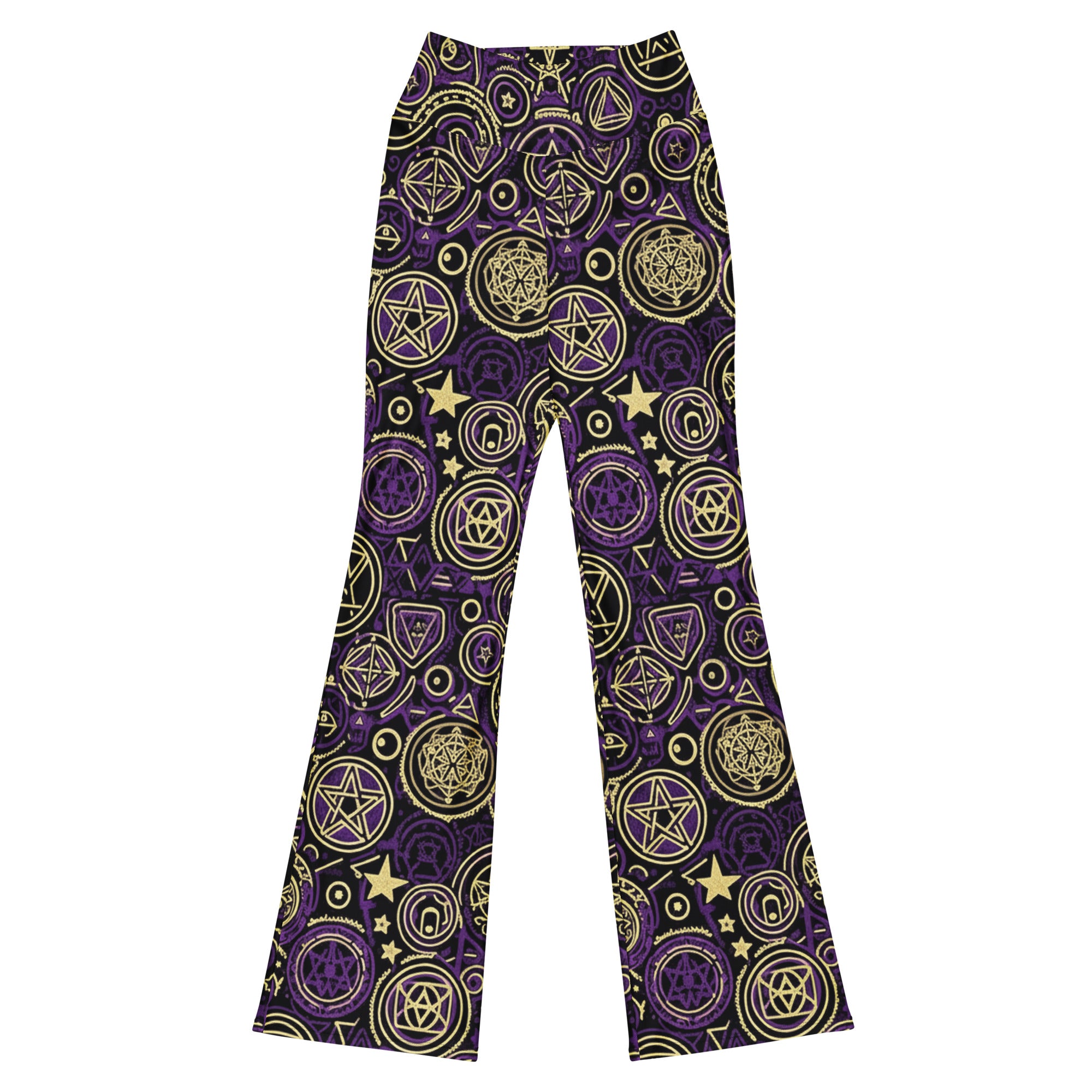 Woman wearing GearBunch Pentagram Geometric Mystic Flare Leggings with deep purple, black, antique gold, and ivory design.