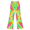 Full view of model wearing vibrant Psychedelic Acid Trip Flare Leggings by GearBunch, featuring neon colours and a bold, radiating design.